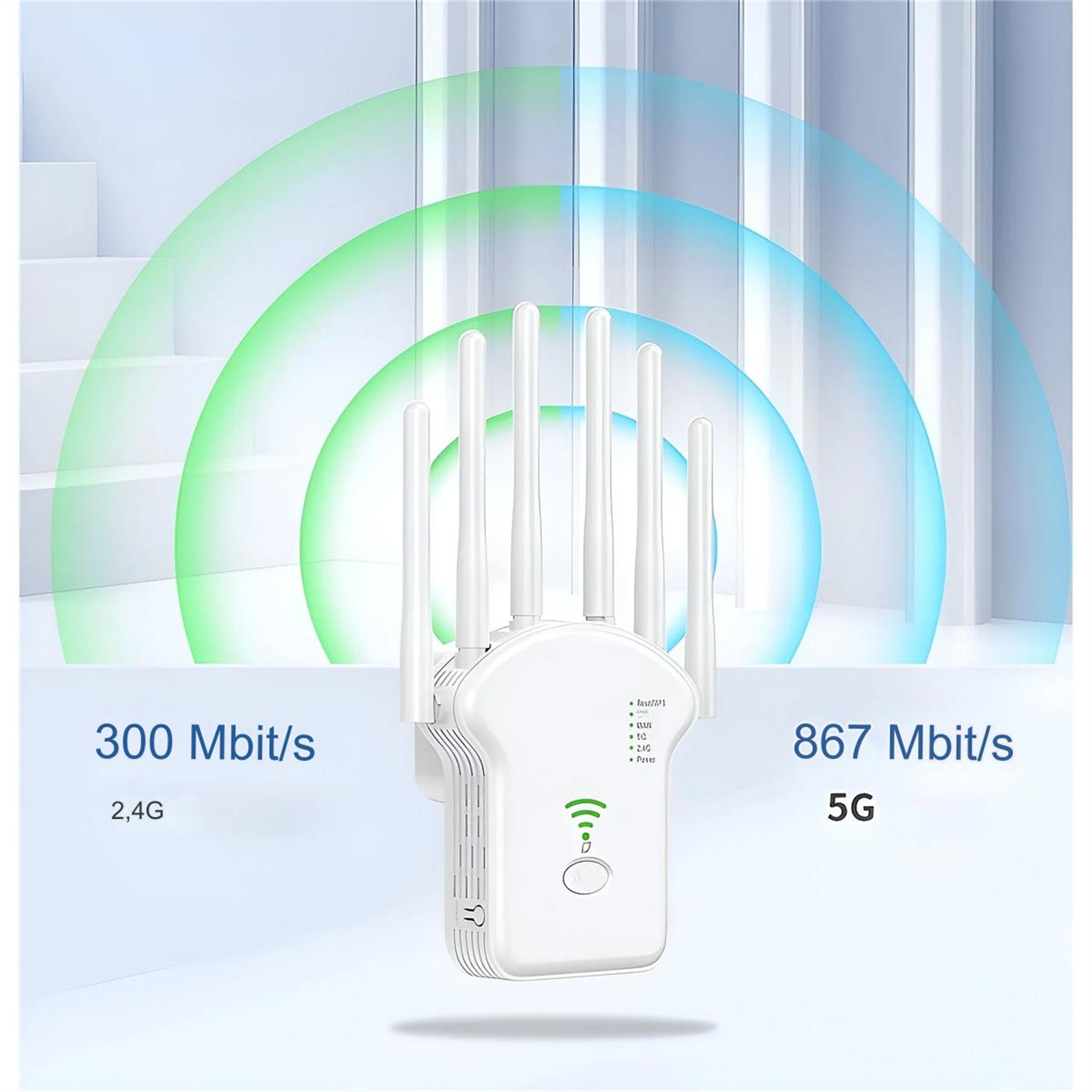 Weißer WLAN-Repeater mit Antennen, Signalstärke anzeigend; 300 und 867 Mbit/s.