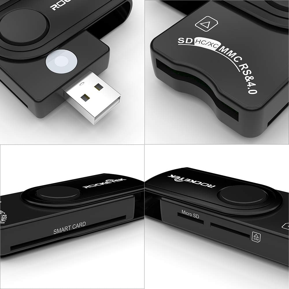 Schwarzer Kartenleser in mehreren Ansichten, zeigt USB- und Kartensteckplätze. Weißer Hintergrund.