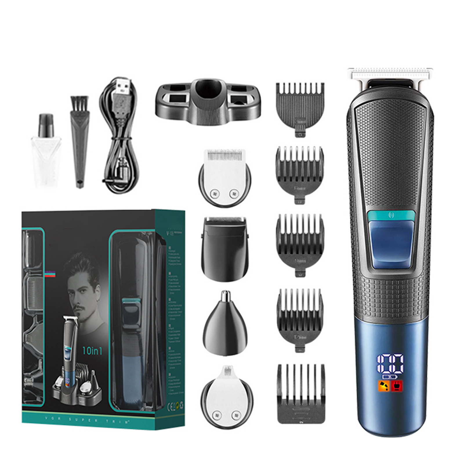 Pflegeset mit vielen Aufsätzen. Auf der Box ist das Gesicht eines Mannes zu sehen. Das Set enthält Trimmer und Zubehör.