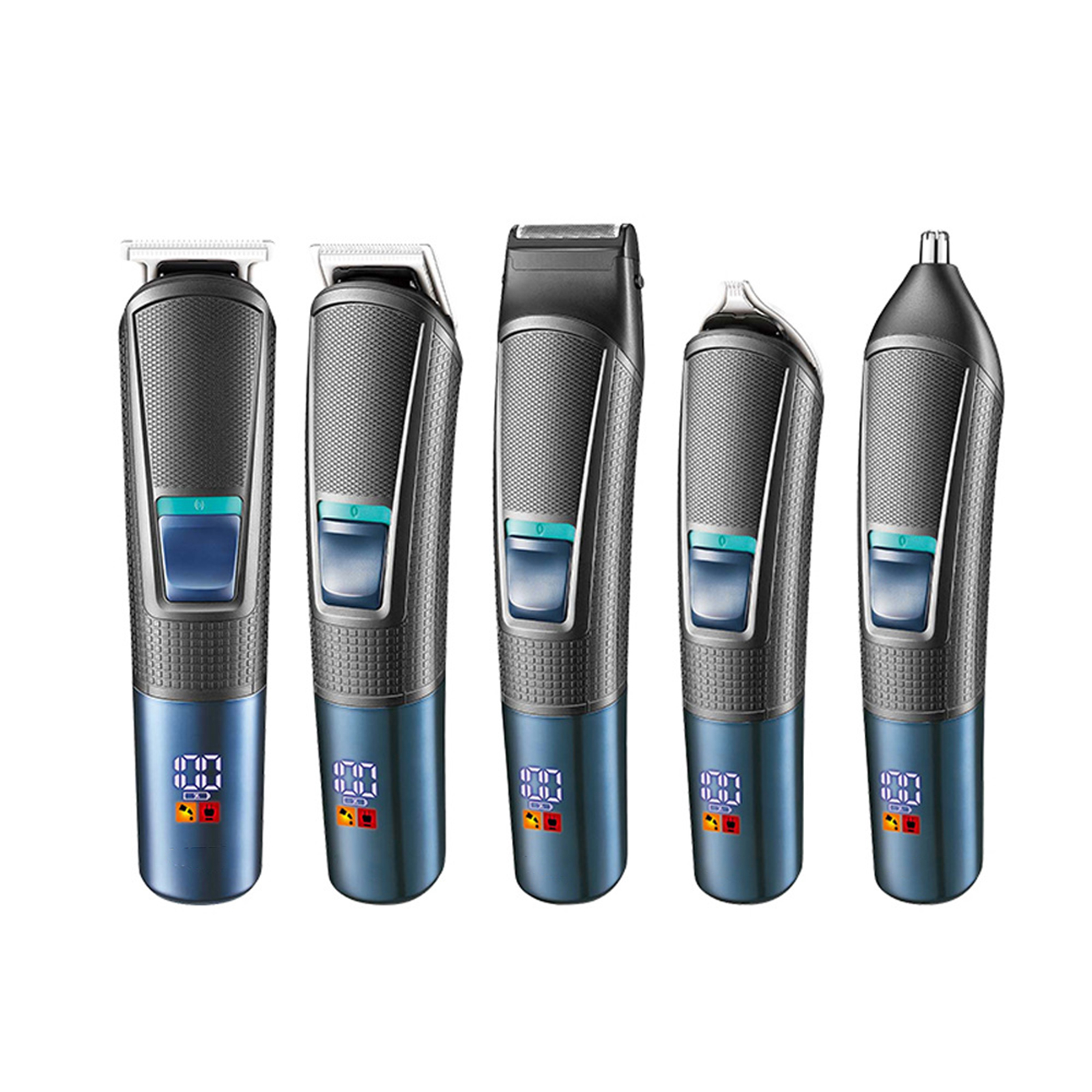Set aus fünf schwarzen und blauen Pflegegeräten, darunter Clipper und Trimmer, mit Digitalanzeigen.