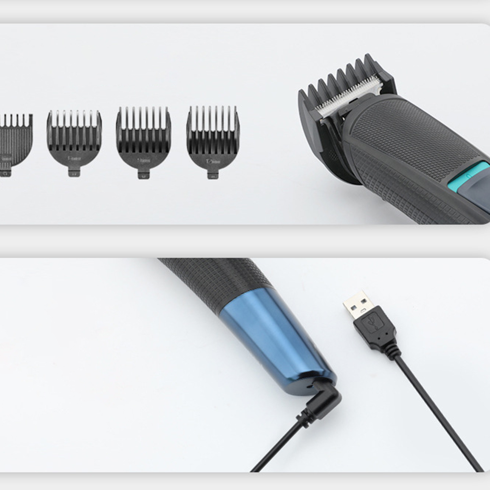 Schwarzer und blauer Haarschneider mit Aufsätzen und einem USB-Kabel. Mehrere Kammaufsätze.