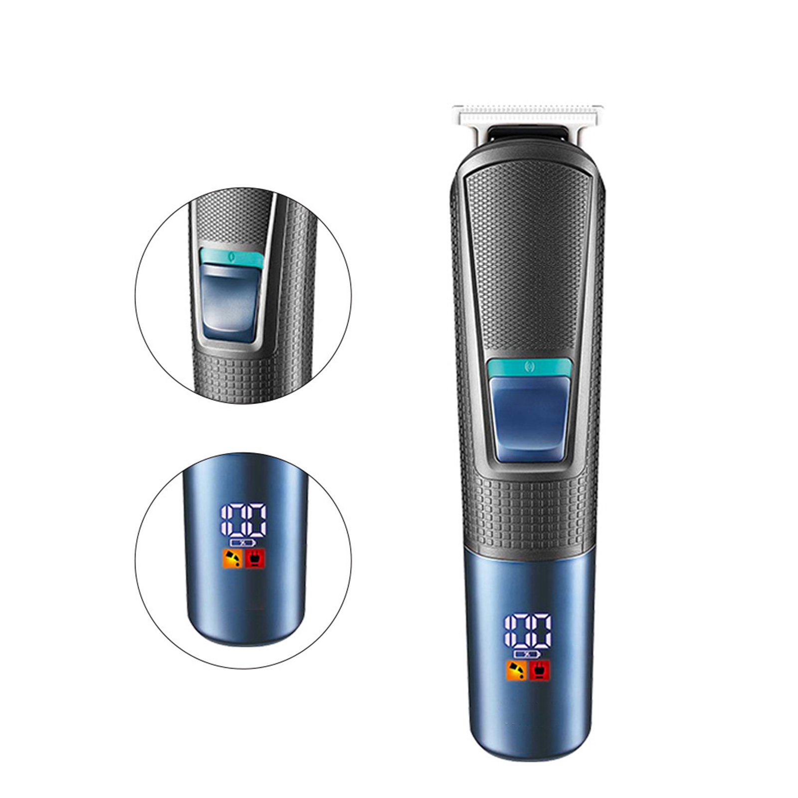 Blauer und grauer Elektrorasierer. Er hat ein digitales Display mit Batterie- und Nutzungsinformationen.