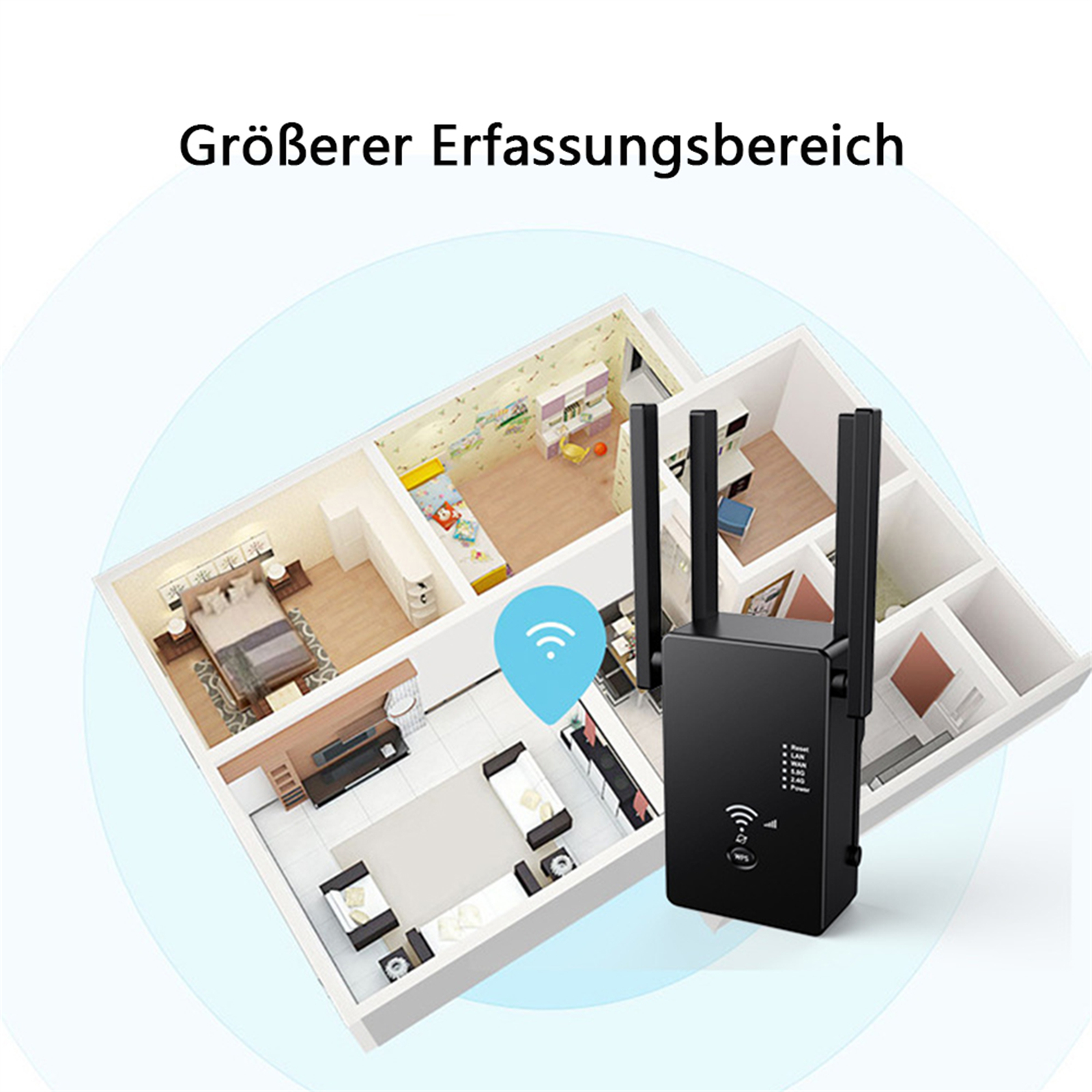 Schwarzes WLAN-Repeater-Gerät mit Hausplan im Hintergrund.