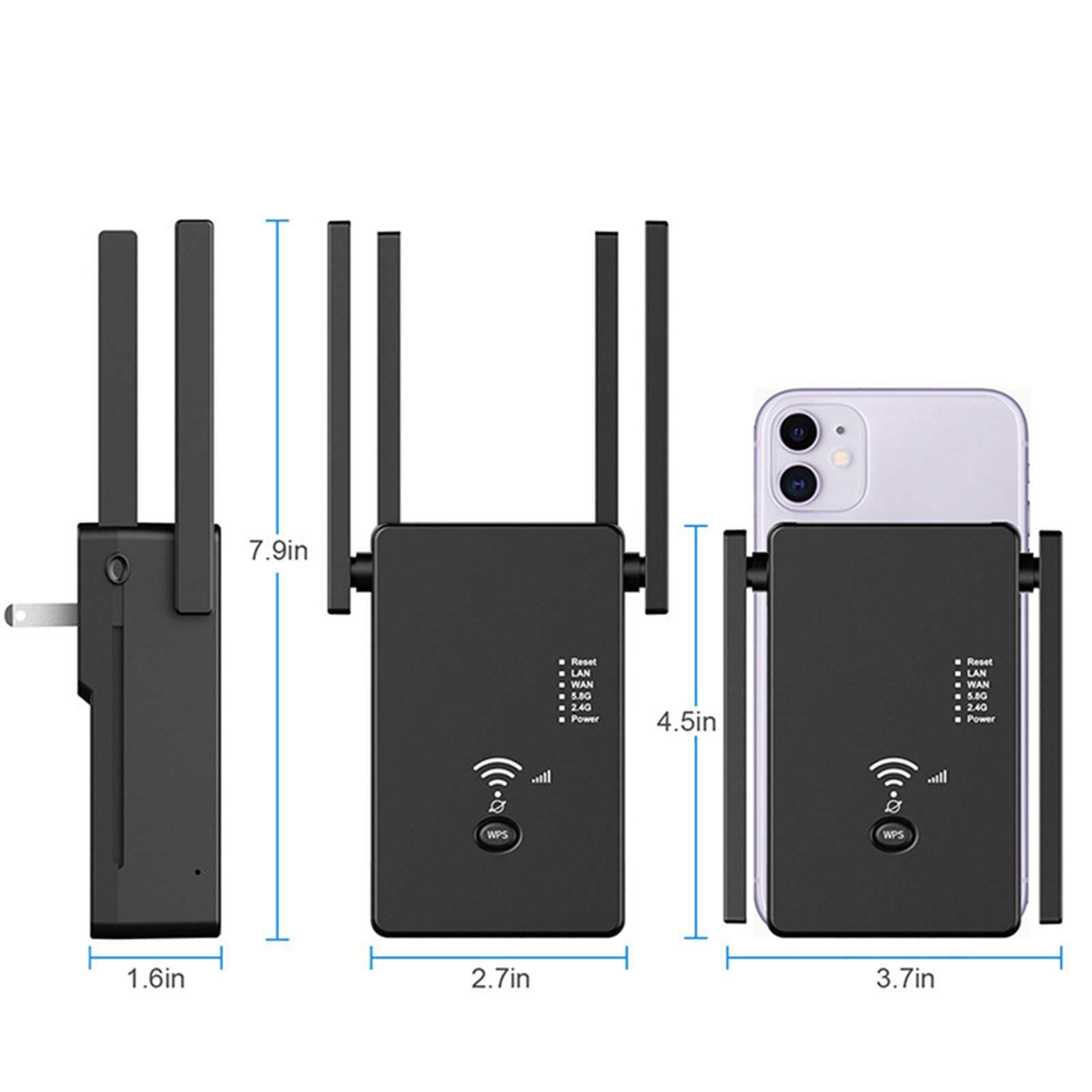 Schwarzes WLAN-Repeater-Gerät mit Antennen, Abmessungen daneben.