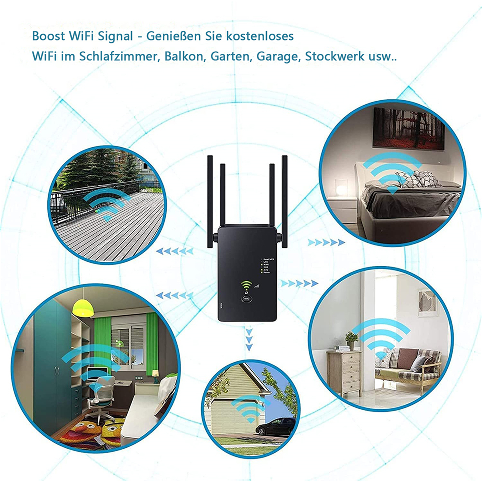 Schwarzer WLAN-Repeater mit Antennen, umgeben von Bildern von Bereichen mit WLAN.