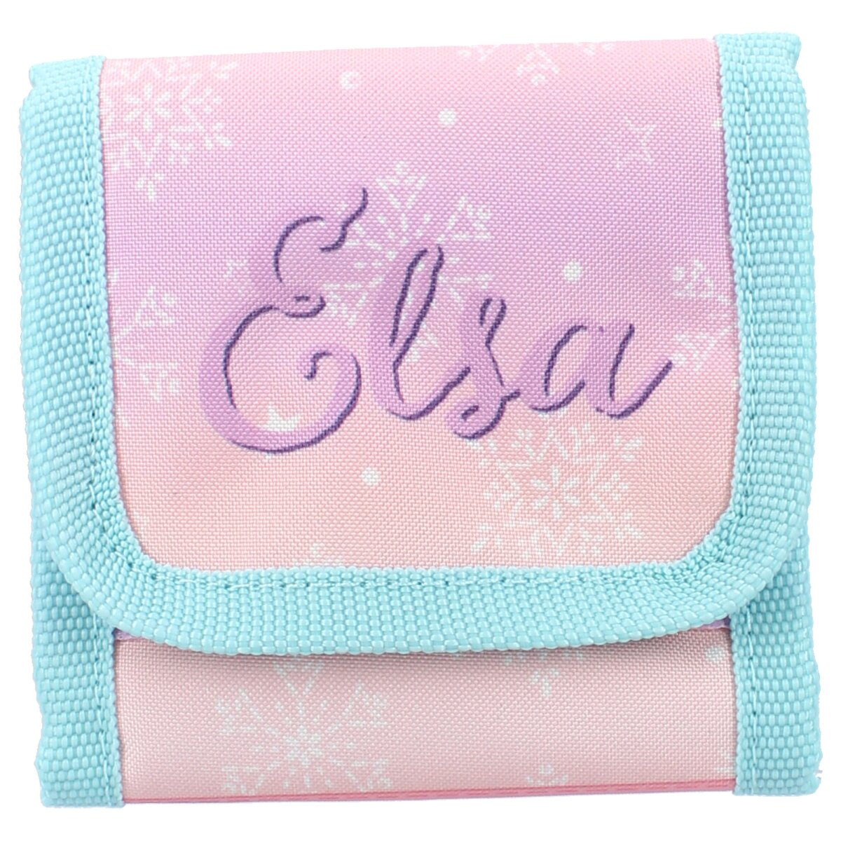 Eine rosa-blaue Geldbörse mit dem Namen „Elsa“ und Schneeflockenmustern.
