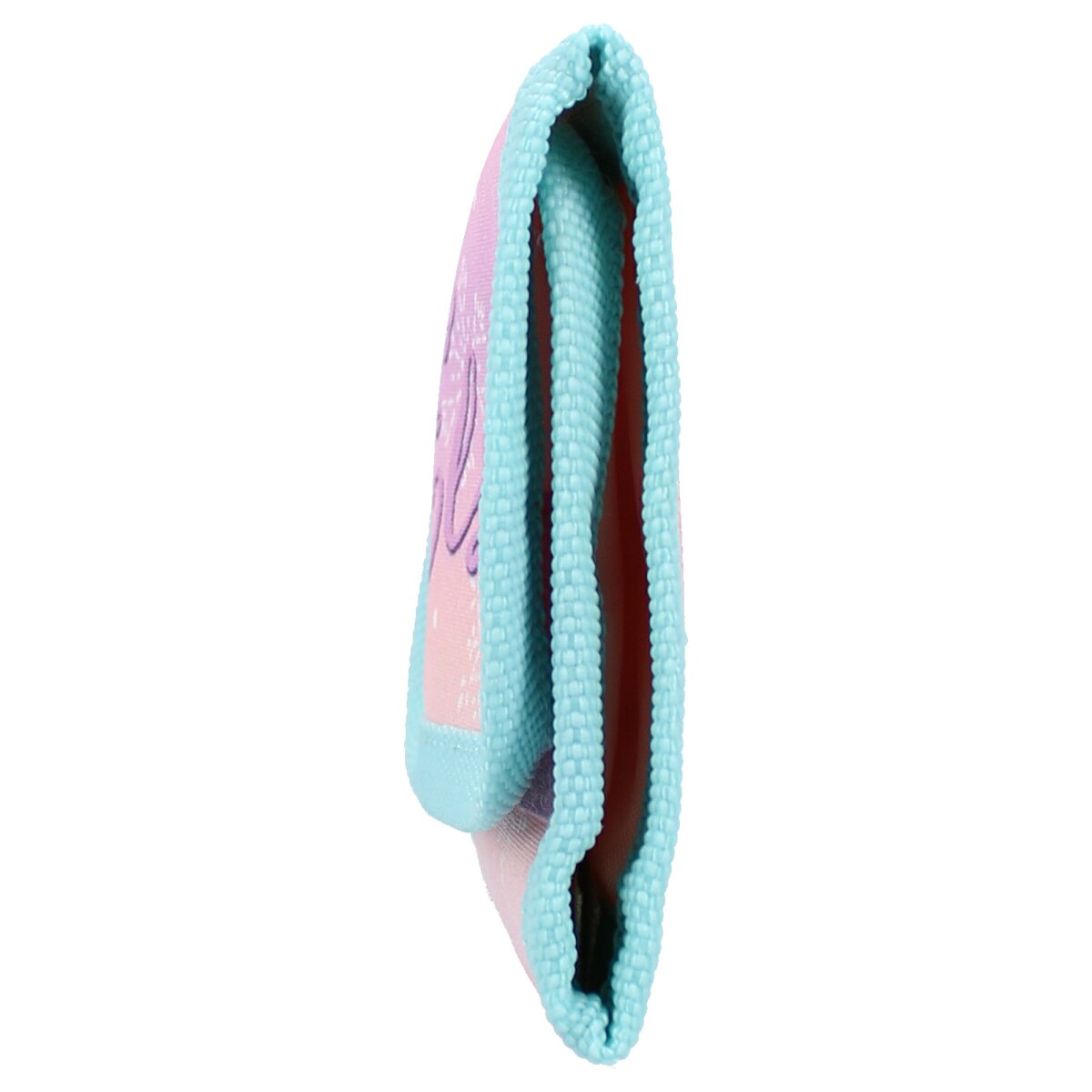 Bunte Geldbörse, geschlossen. Zeigt ein rosa, blaues und lila Design mit hellblauem Rand.