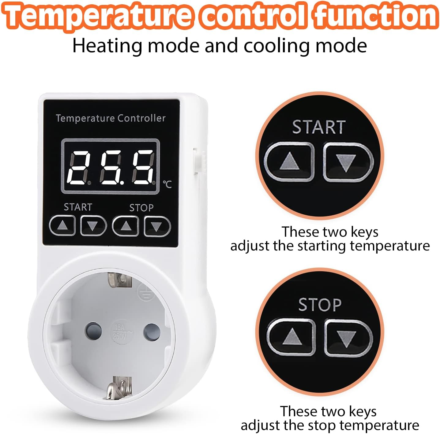 Ein weißer Temperaturregler mit Display, Knöpfen und einer Steckdose.