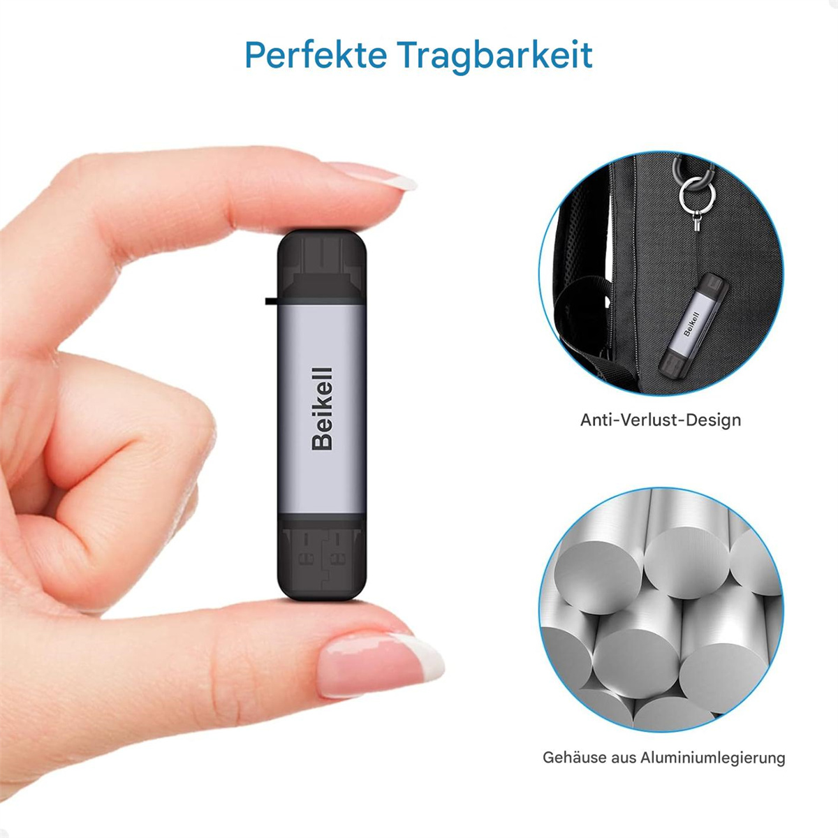 Eine Hand hält ein kleines, rechteckiges, silber-schwarzes Gerät. Text zeigt Portabilität.