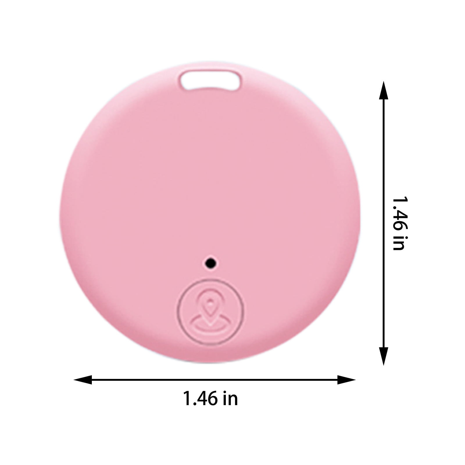 Ein rosa kreisförmiges Tracker-Gerät. Es hat ein Loch und die Abmessungen sind angegeben.