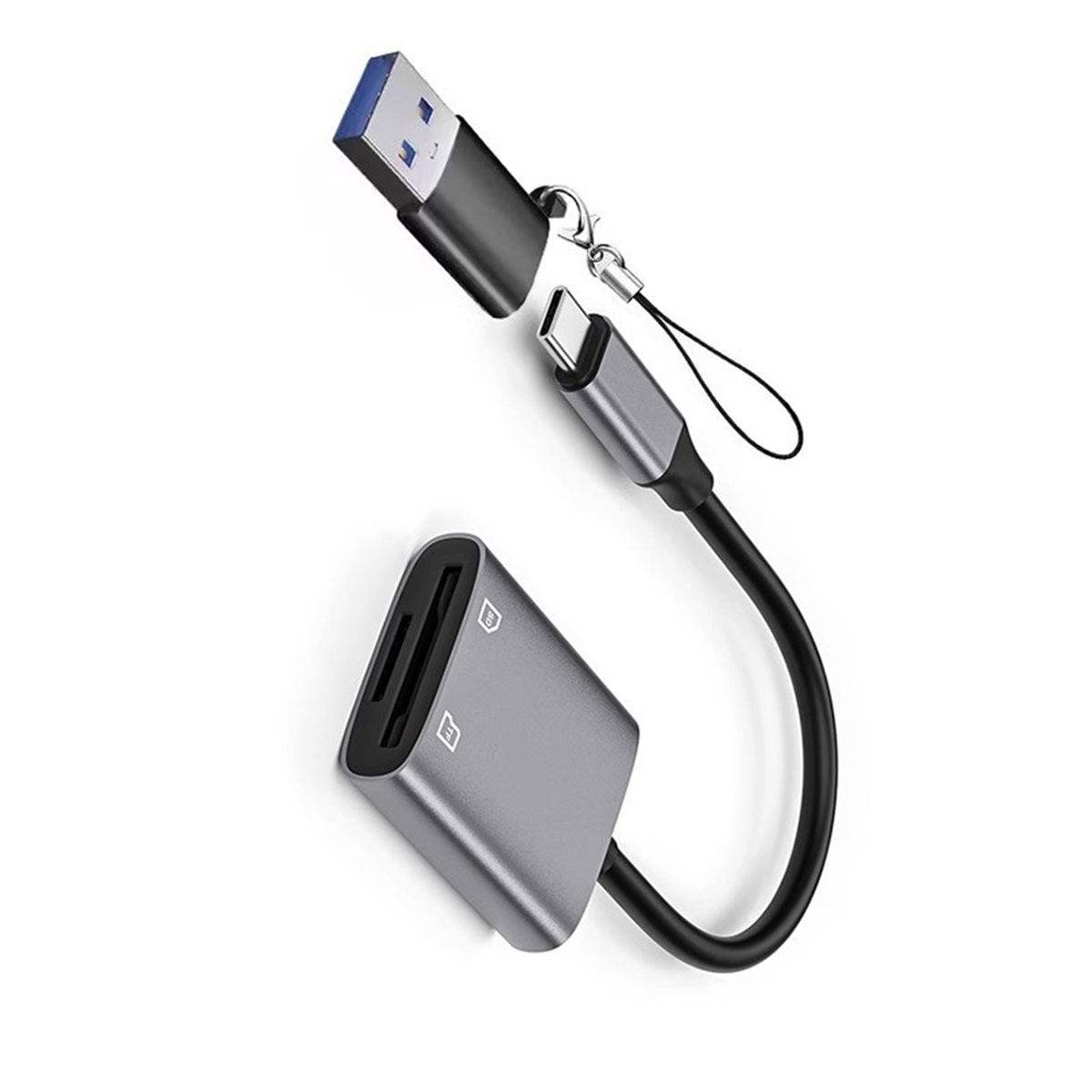 Grauer Kartenleser mit USB- und Typ-C-Anschlüssen. Ein schwarzes Kabel verbindet die beiden Enden.