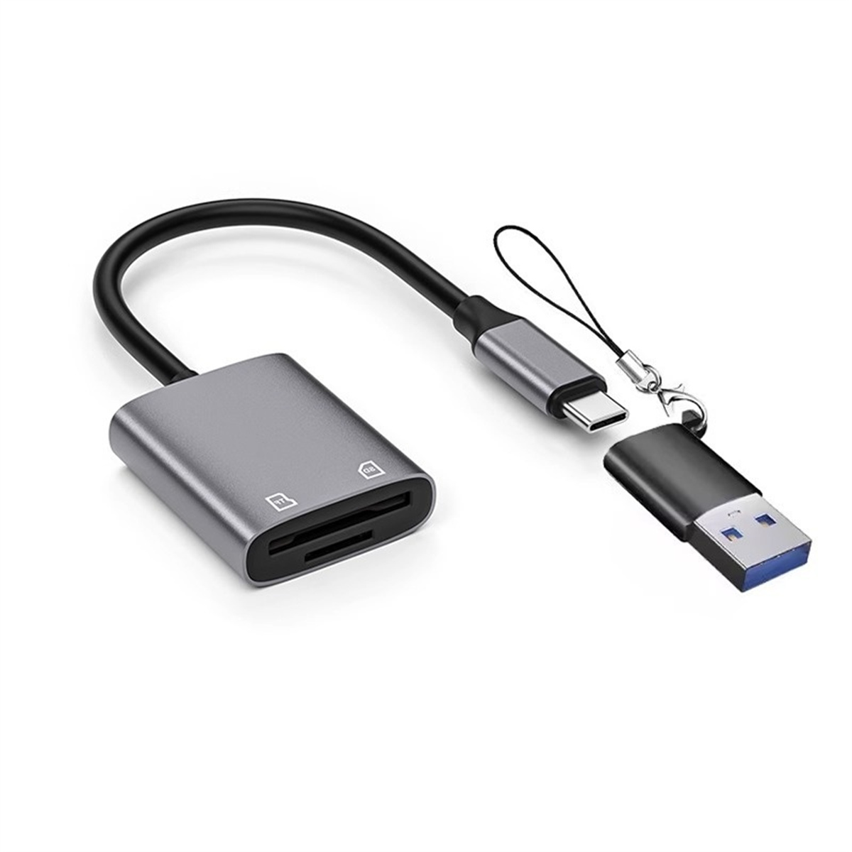 Ein grauer Kartenleser mit USB-C-Anschluss und USB-Anschluss, mit einem kleinen Schlüsselband.