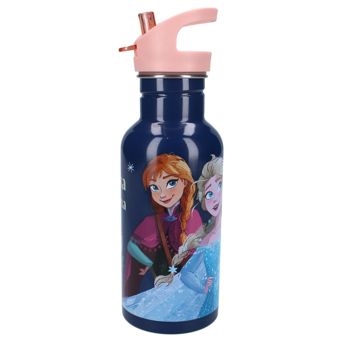 Eine blaue Frozen-Trinkflasche mit Anna und Elsa auf weißem Hintergrund.