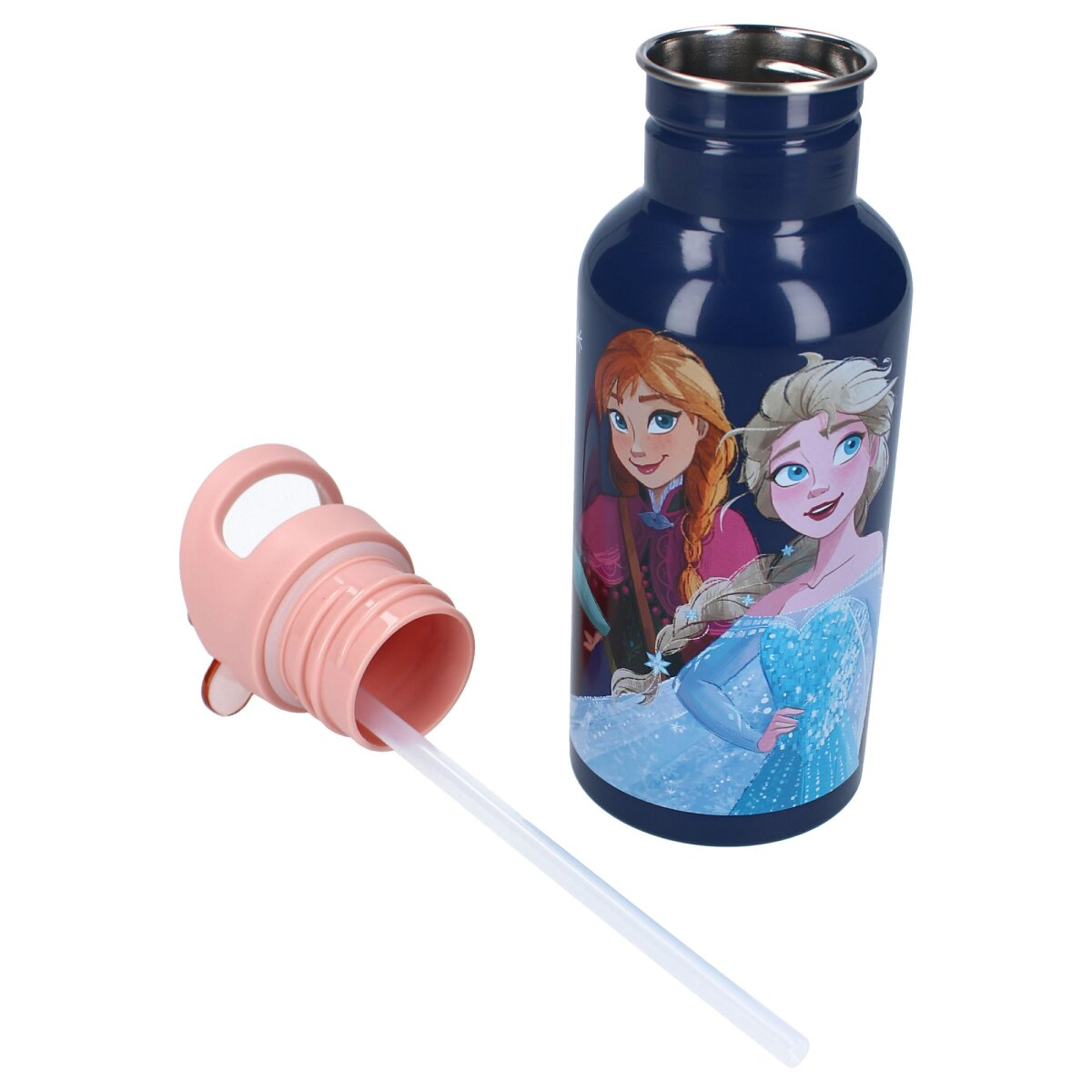 Eine blaue Frozen-Trinkflasche mit offenem Deckel, die einen Strohhalm zeigt.