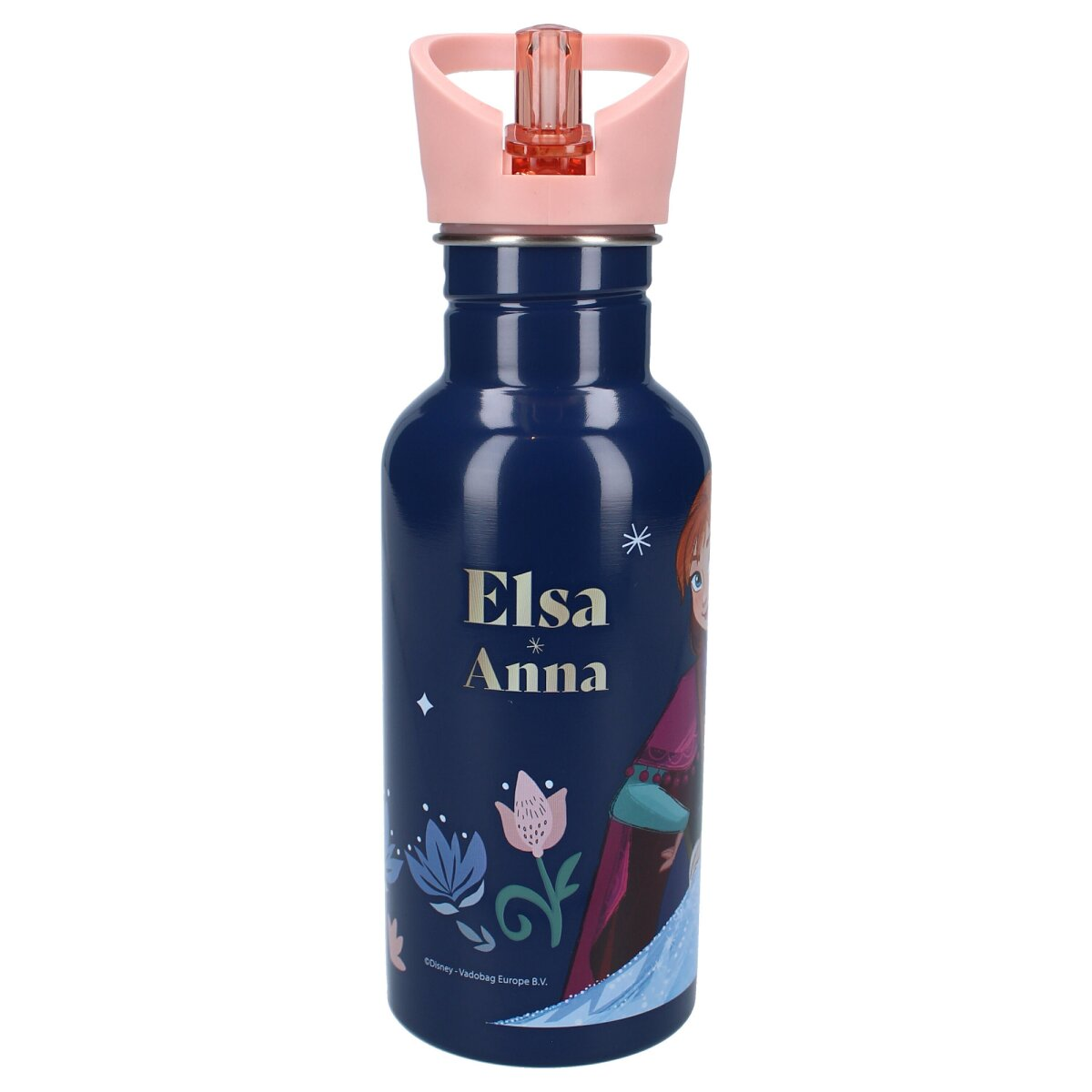 Dunkelblaue Wasserflasche mit rosa Kappe. Zeigt Elsa und Anna aus Frozen.