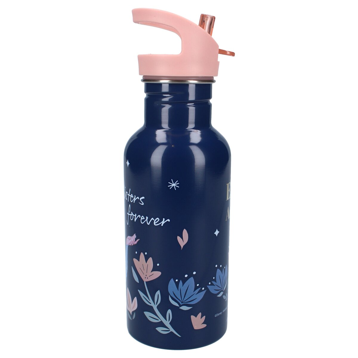 Eine blaue Wasserflasche mit rosa Deckel und Strohhalm. Blumendesign mit "Sisters forever" Text.