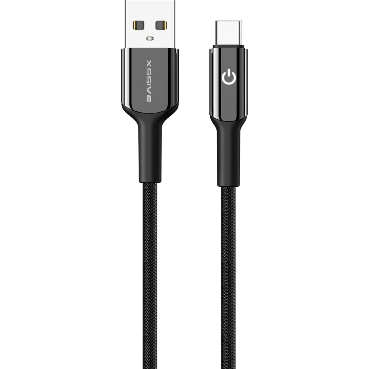 Schwarzes USB-zu-USB-C-Ladekabel auf weißem Hintergrund. Anschlüsse sind sichtbar.