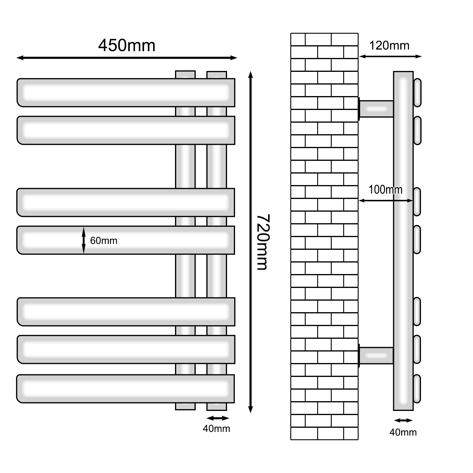 Diagramm eines Handtuchwärmers, das Abmessungen in Millimetern zeigt. Er ist an einer Ziegelmauer montiert, Seiten- und Vorderansicht.