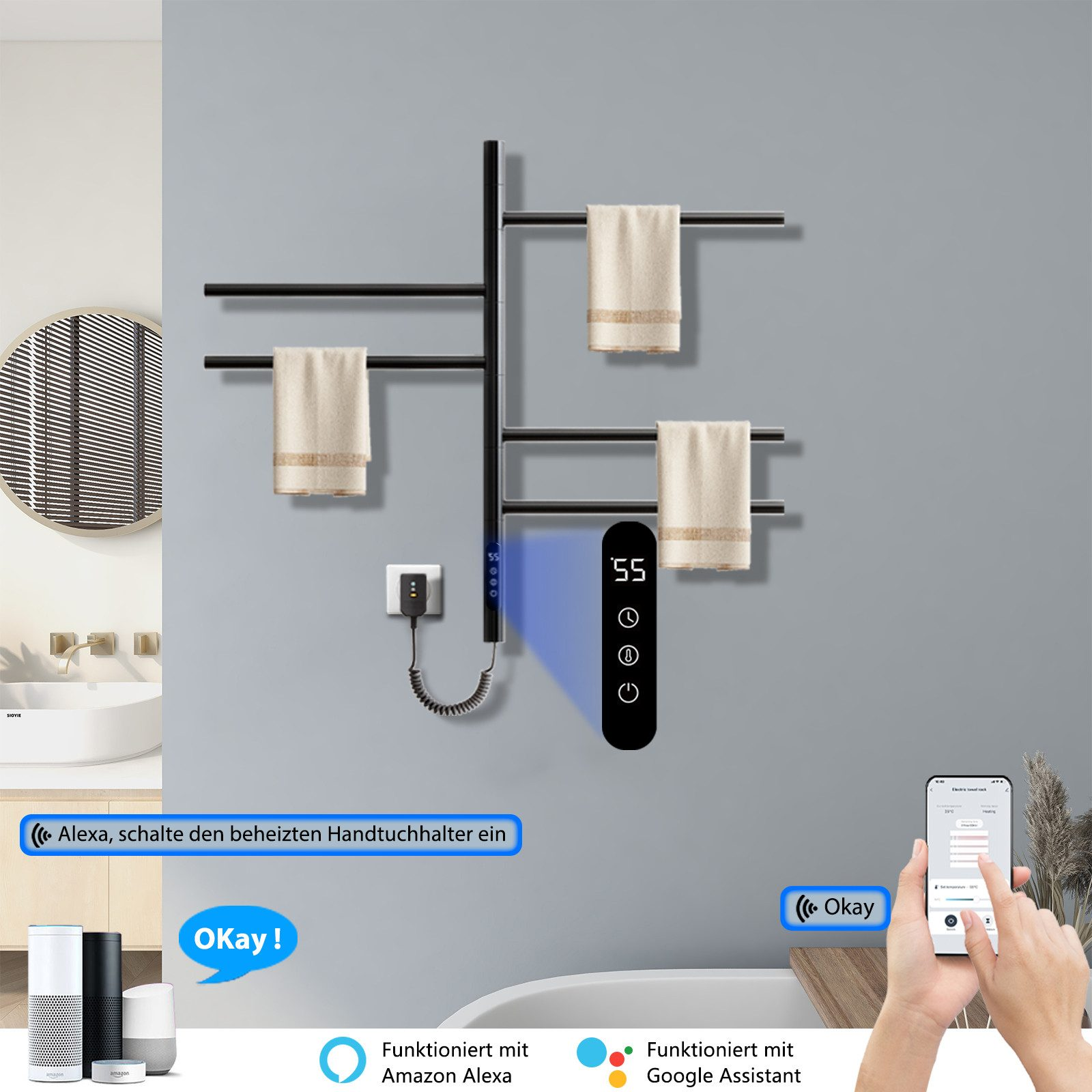 Schwarzer Handtuchwärmer mit Handtüchern, an grauer Wand. Digitalanzeige zeigt Temperatur. Smart-Home-Integration Symbole vorhanden.
