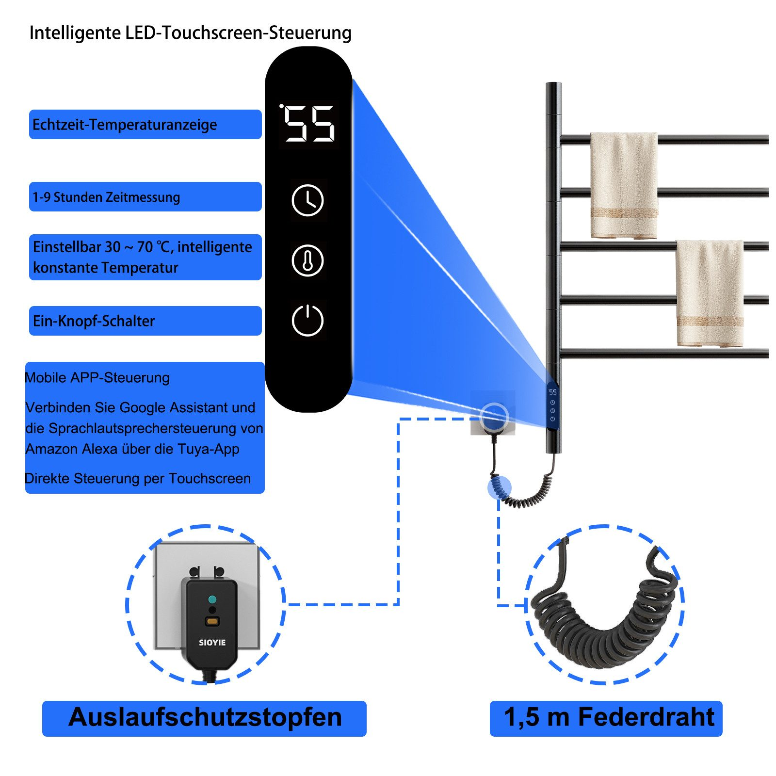 Ein Diagramm eines Handtuchwärmers mit Bedienfeld und Netzstecker. Der Hintergrund ist weiß.
