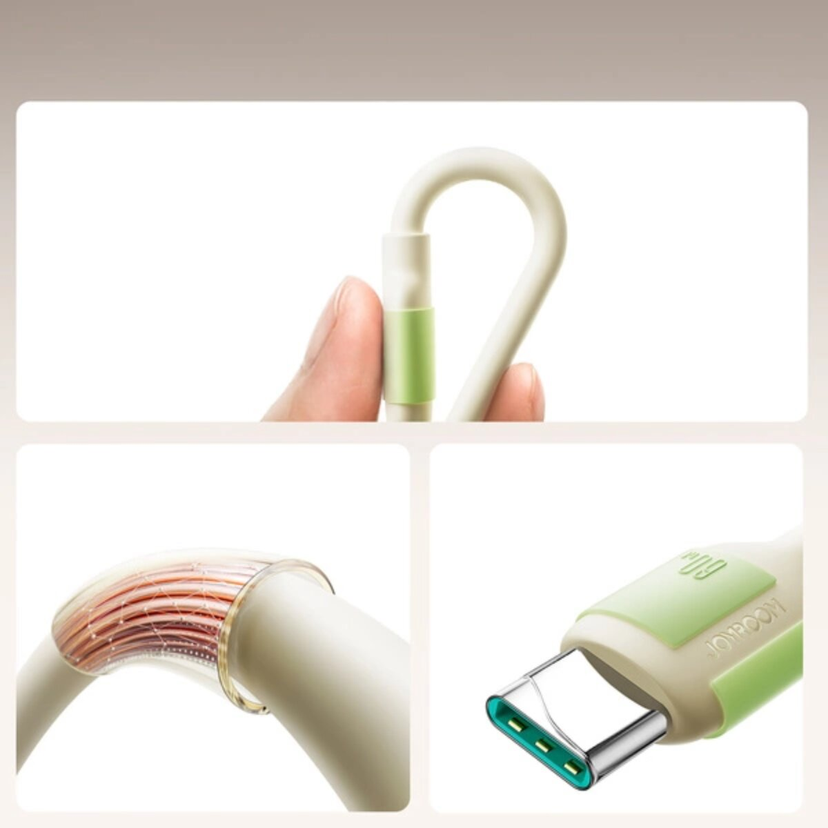 Nahaufnahme eines USB-C-Kabels, grüne Akzente. Stecker und Kabelkomponenten.
