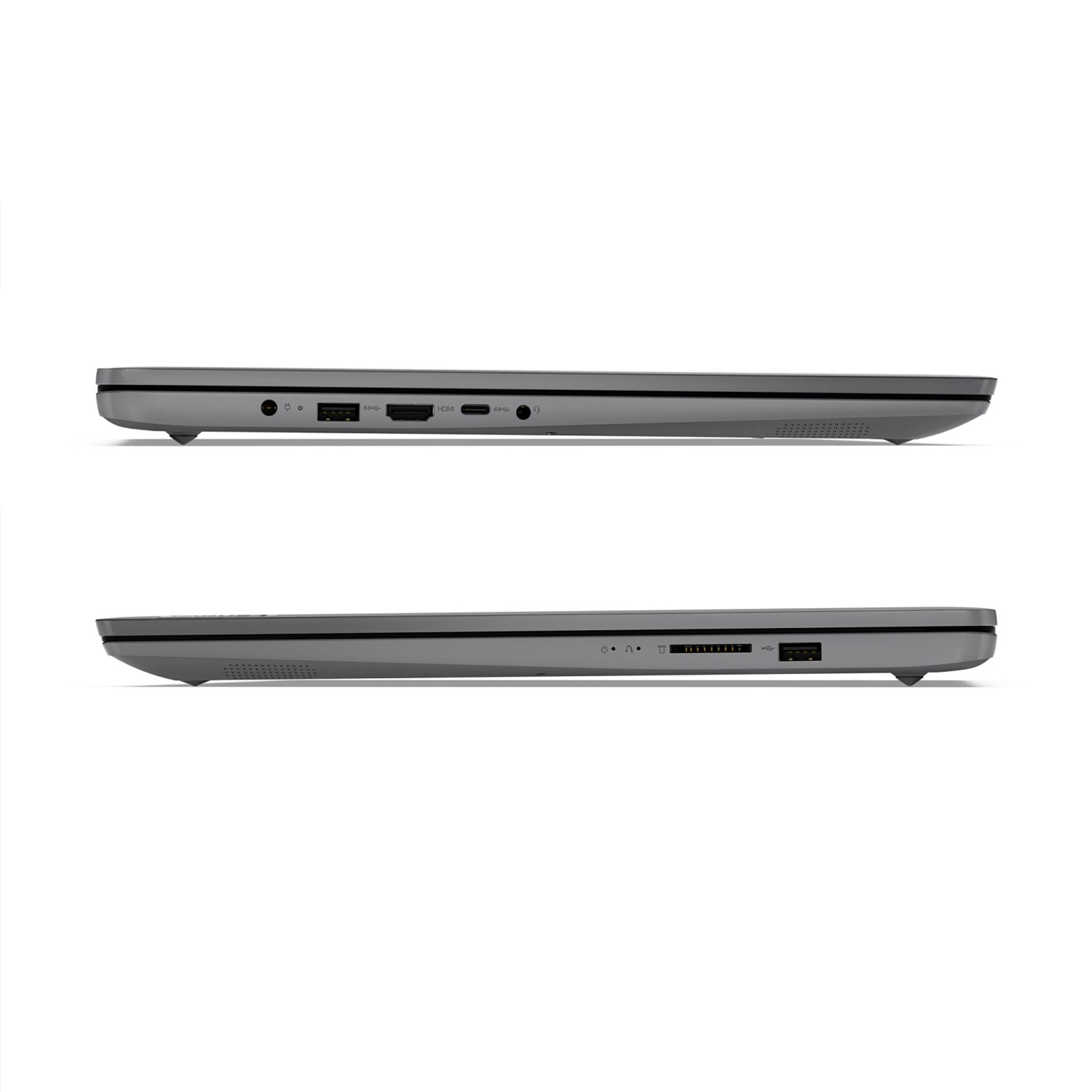 Zwei graue Laptops von der Seite. Zeigt Anschlüsse wie USB und HDMI.