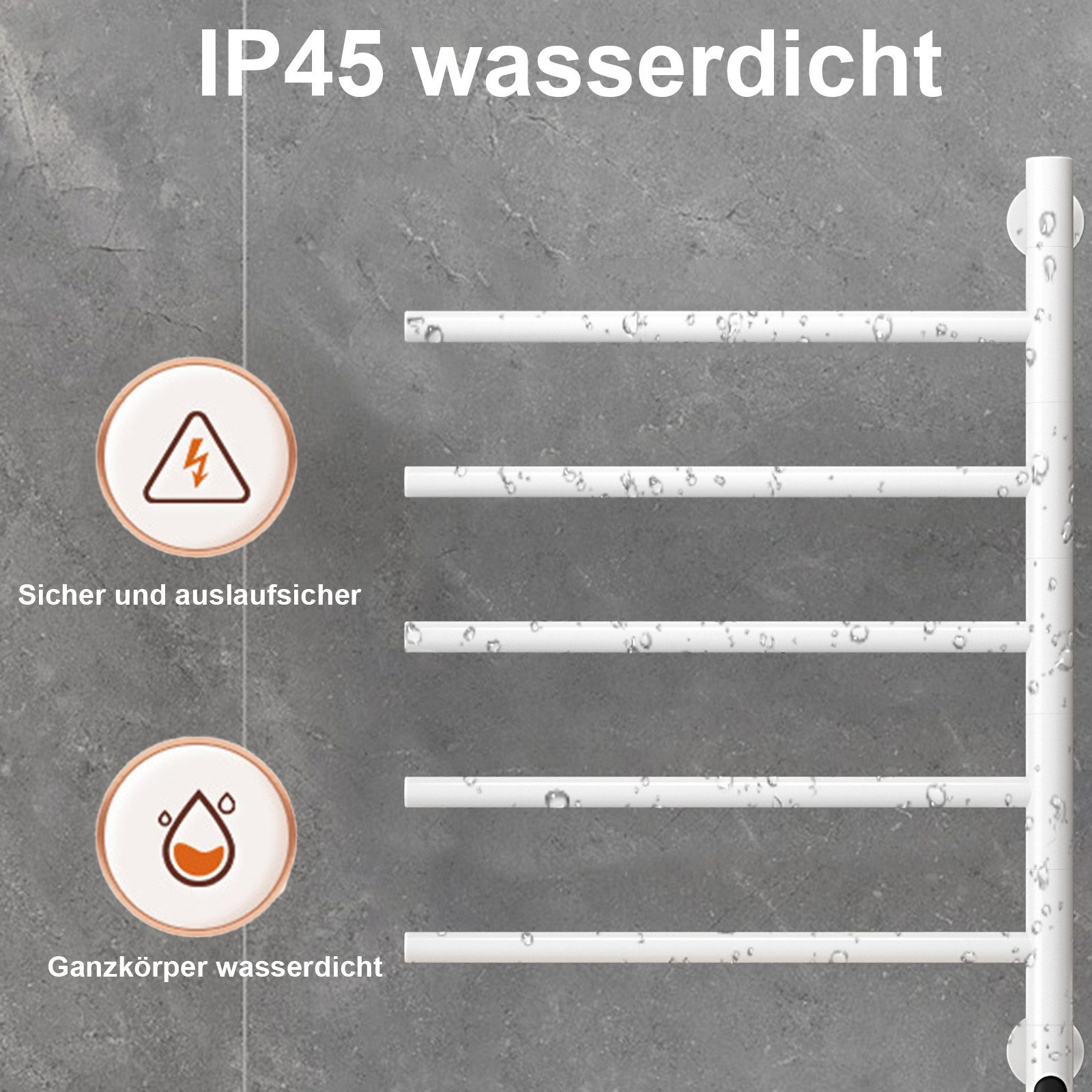 Weißer Handtuchwärmer mit horizontalen Stangen, Wassertropfen und Text an der Wand.
