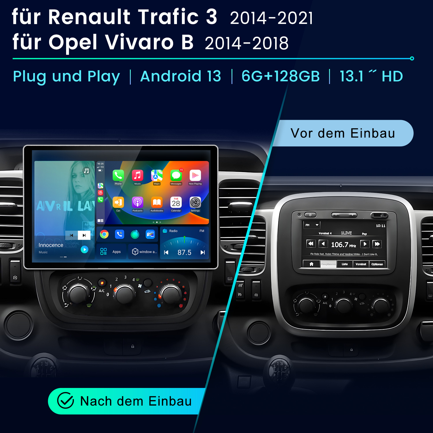 Armaturenbrett eines Autos mit einem Bildschirm, der Apps und Musik anzeigt, mit dem Text: Plug and Play.