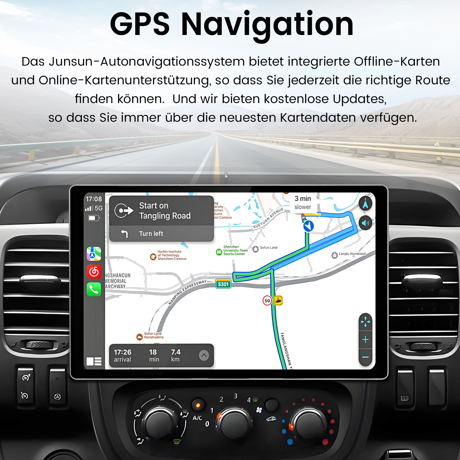Armaturenbrett des Autos mit Navigationsbildschirm. Der Bildschirm zeigt Wegbeschreibungen und eine Route.
