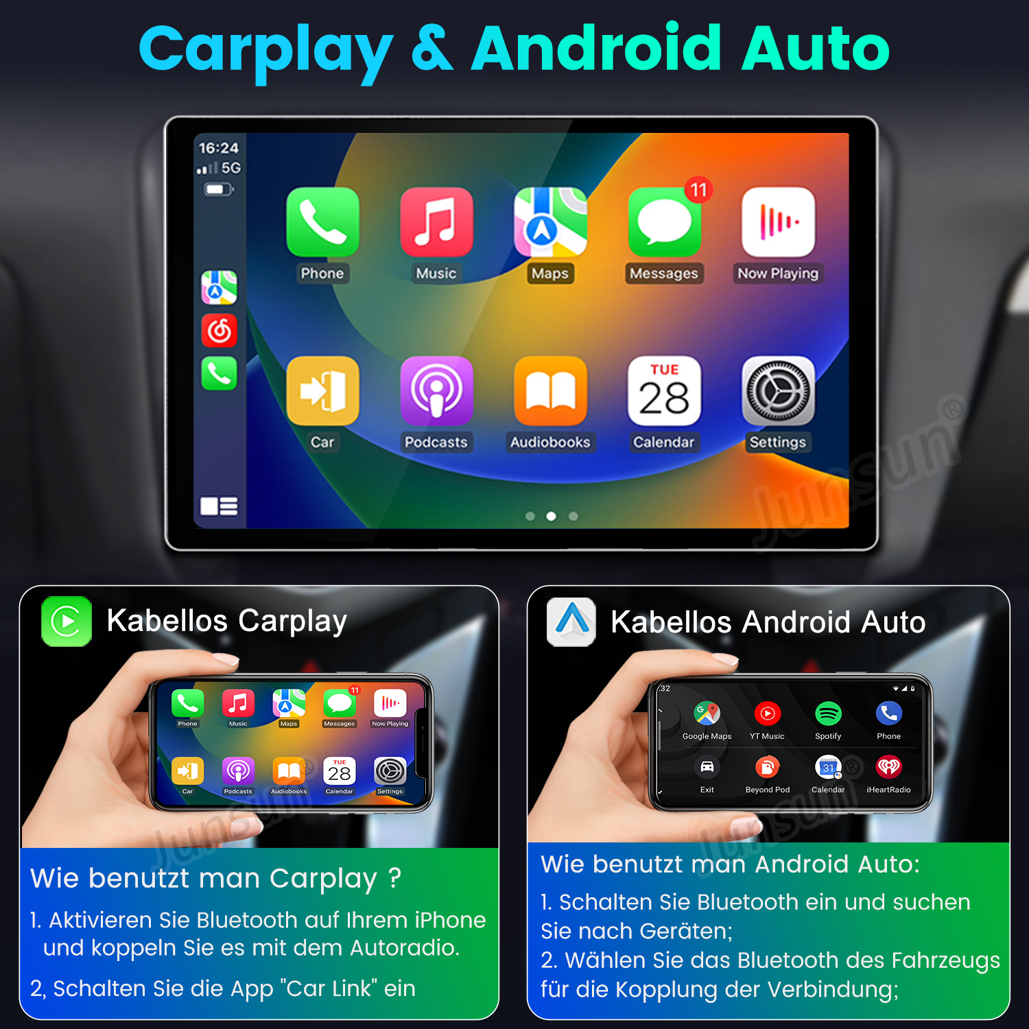 Carplay- und Android Auto-Bildschirm mit App-Symbolen. Zwei Telefone zeigen, wie man die Systeme verbindet.