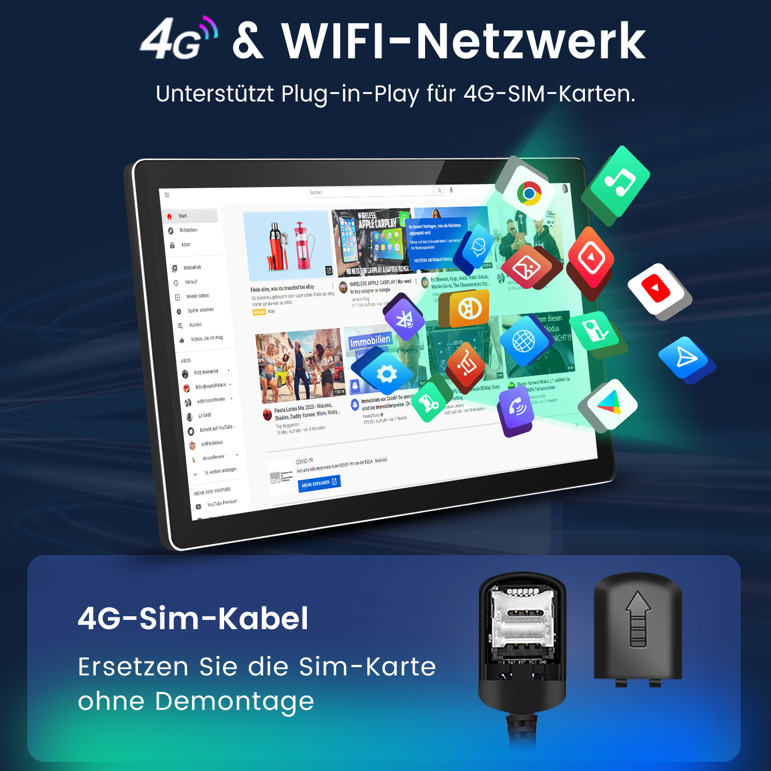 Tablet mit verschiedenen App-Symbolen. Kabel und zwei separate Teile werden unten gezeigt.