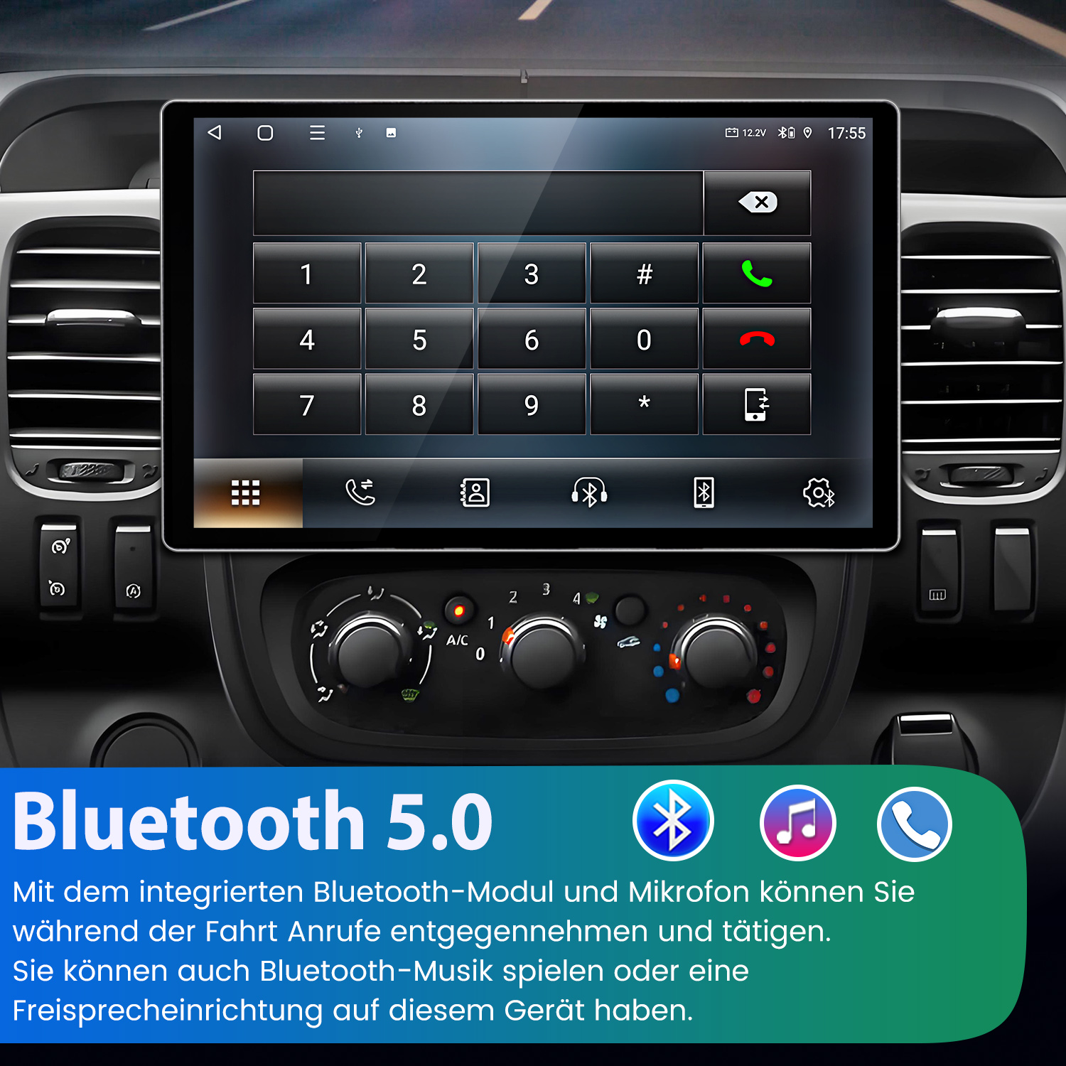 Auto-Armaturenbrett, das einen Bildschirm mit einer Telefonwählschnittstelle mit Bluetooth 5.0 anzeigt.