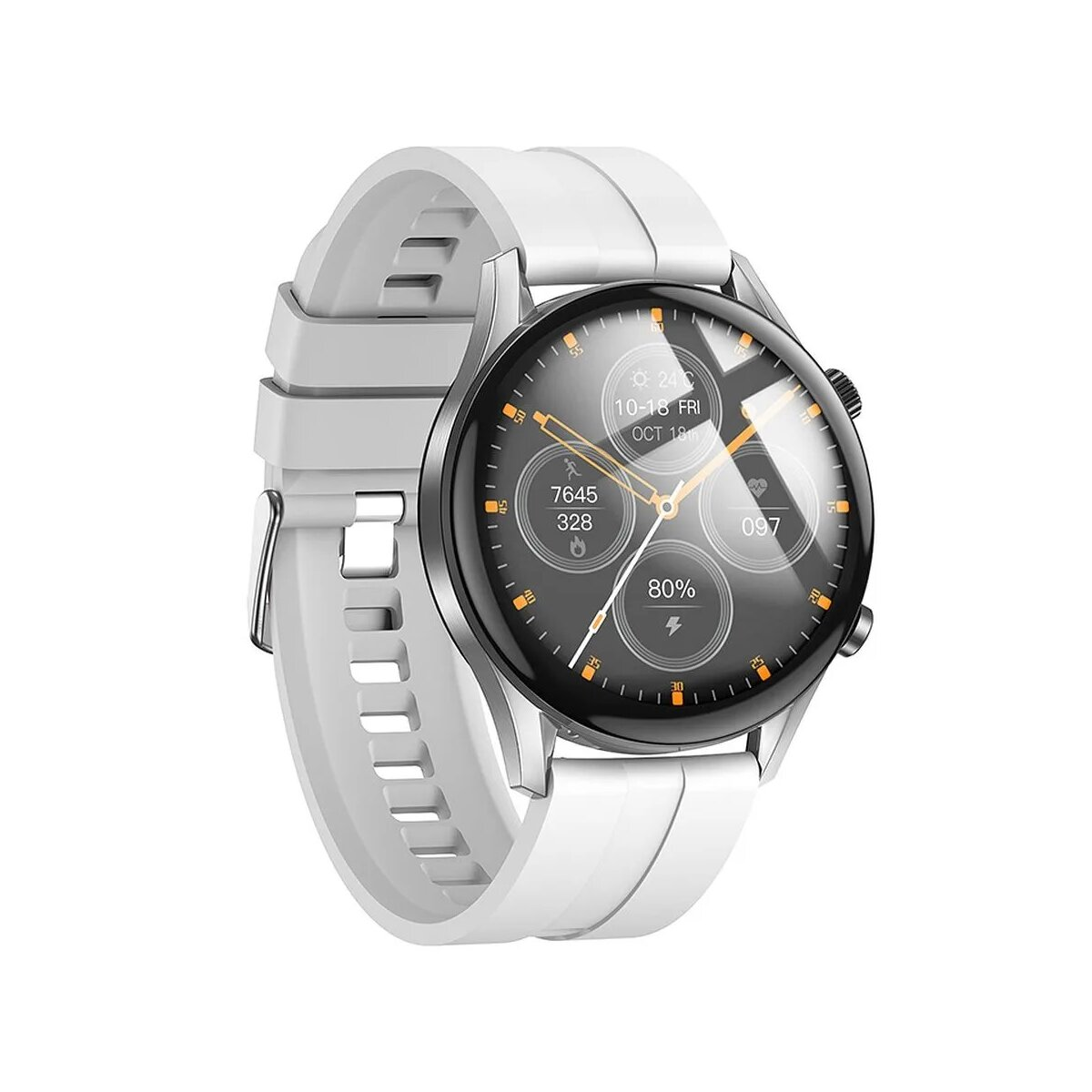 Weiß Smartwatch mit weißem Armband, schwarzer Bildschirm mit Daten. Weißer Hintergrund.