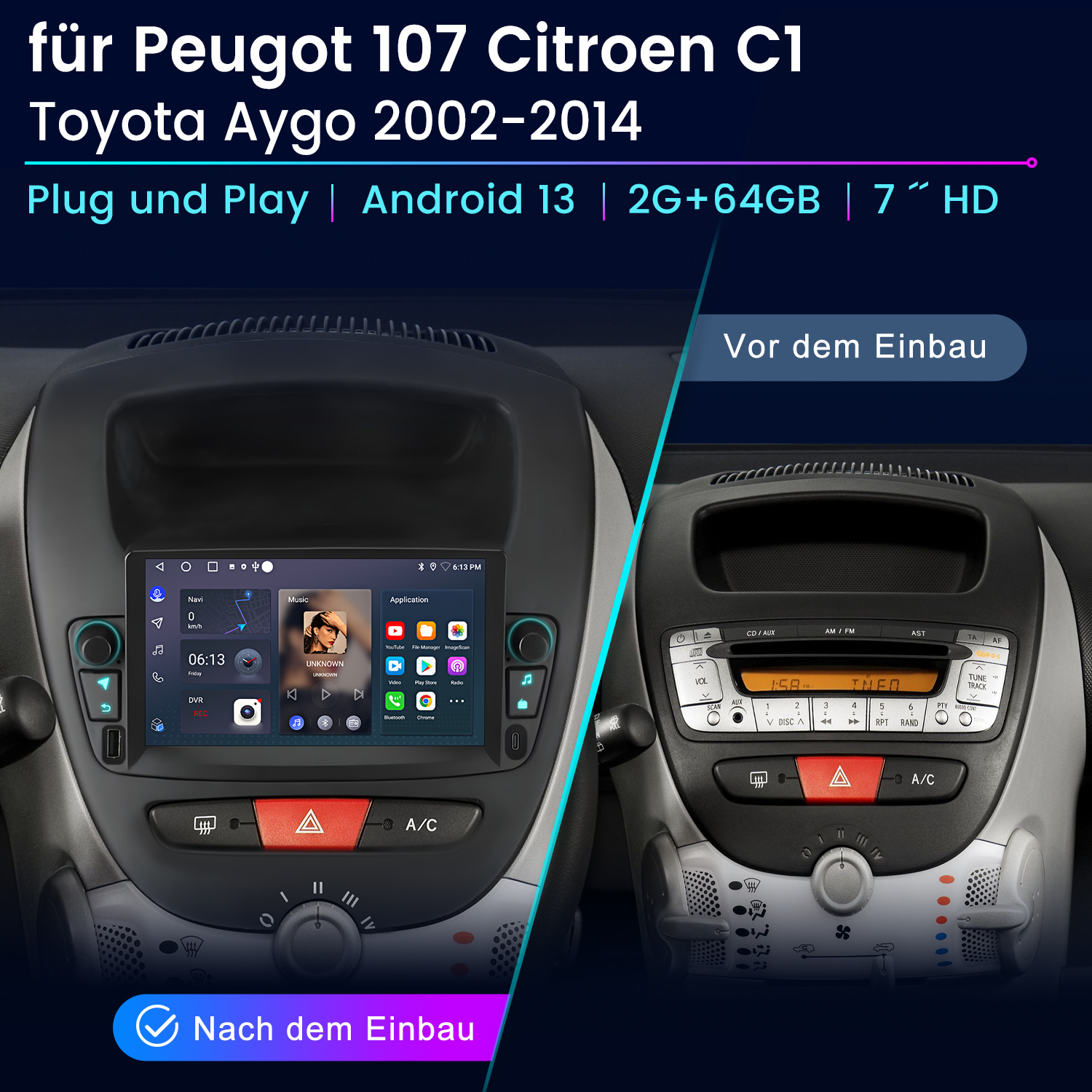 Armaturenbrettanzeigen und ein Autoradio vor und nach dem Einbau. Blauer Hintergrund.