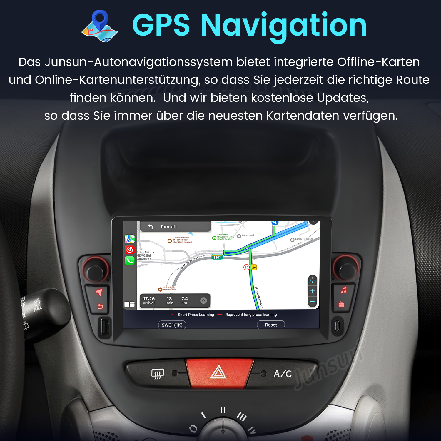 Armaturenbrett des Autos mit Navigationsbildschirm. Der Bildschirm zeigt eine Karte und verschiedene Optionen.