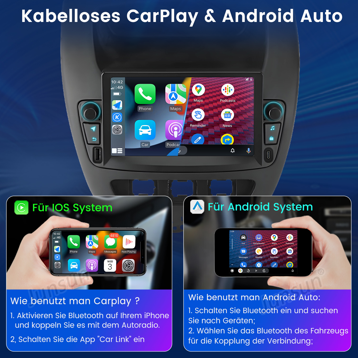 Bild zeigt einen Autoradio-Bildschirm mit CarPlay- und Android Auto-Anweisungen auf Deutsch.