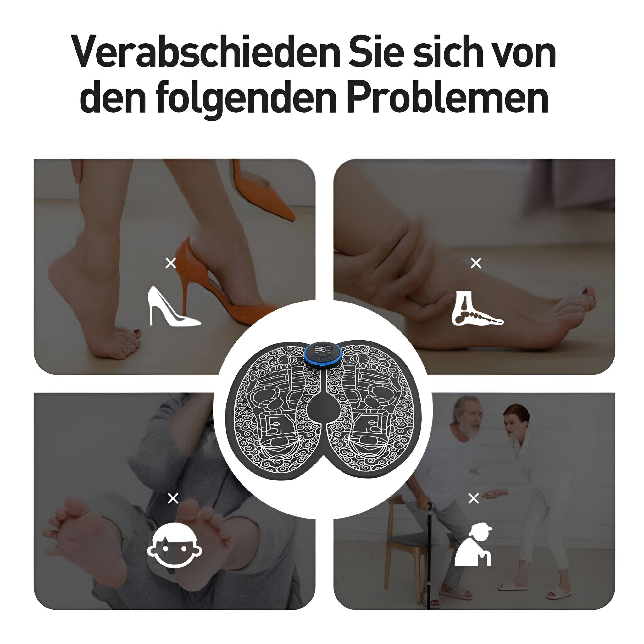 Bilder zeigen Fußprobleme, High Heels und ein Fußmassagegerät.