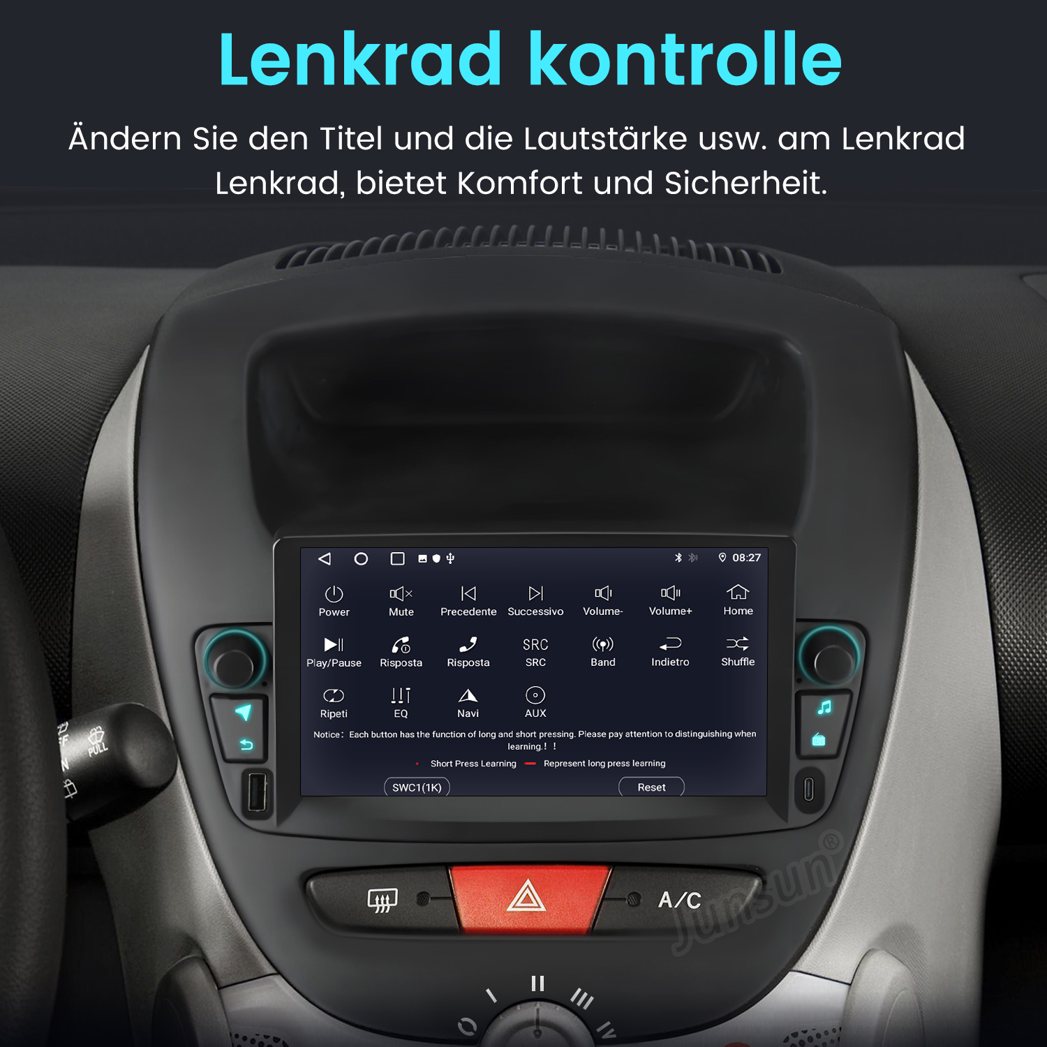Auto-Armaturenbrett mit Bildschirm, der Bedienelemente anzeigt. Text oben: 'Lenkrad kontrolle'.
