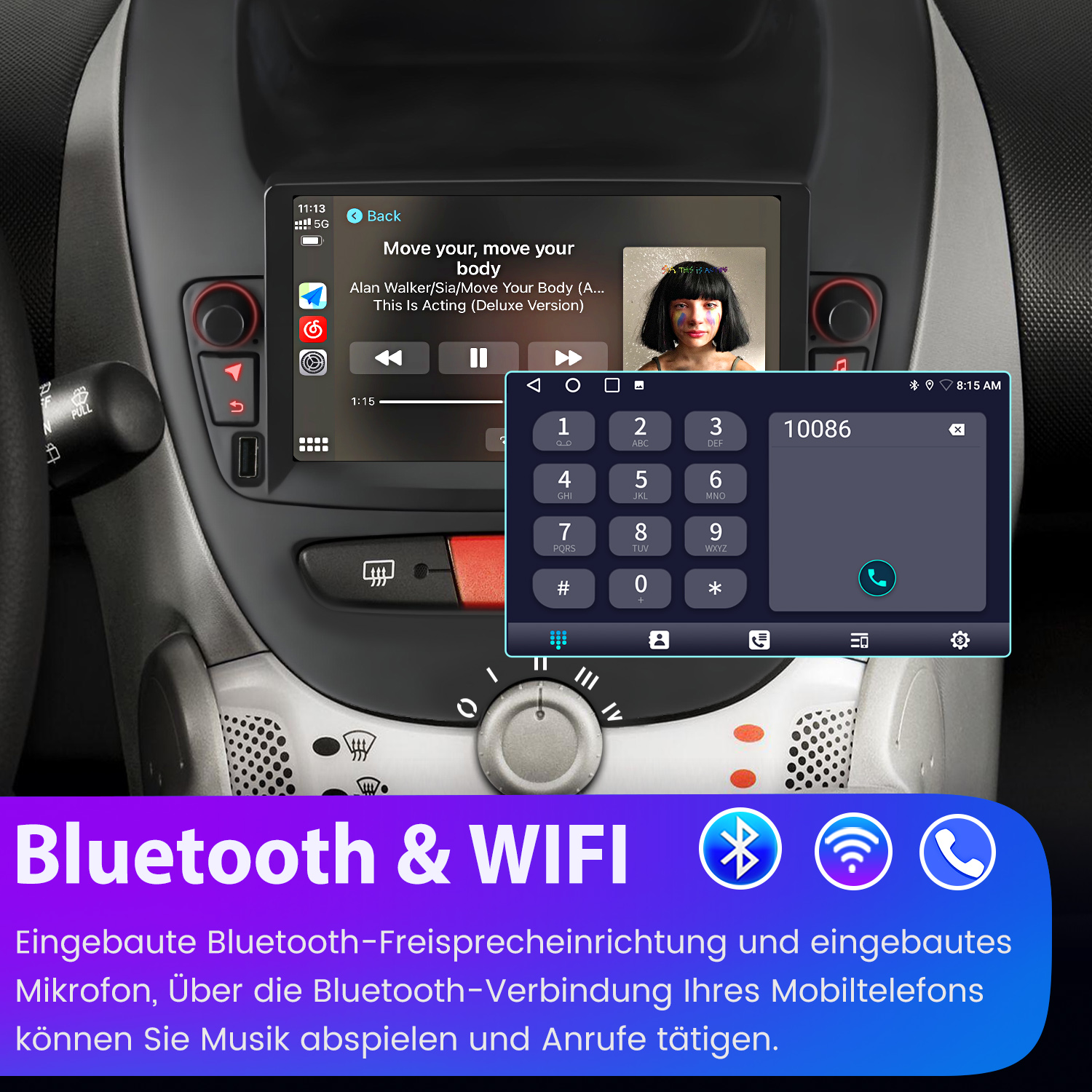 Auto-Multimediasystem mit Bildschirm, der Musik und Telefonwähler zeigt.