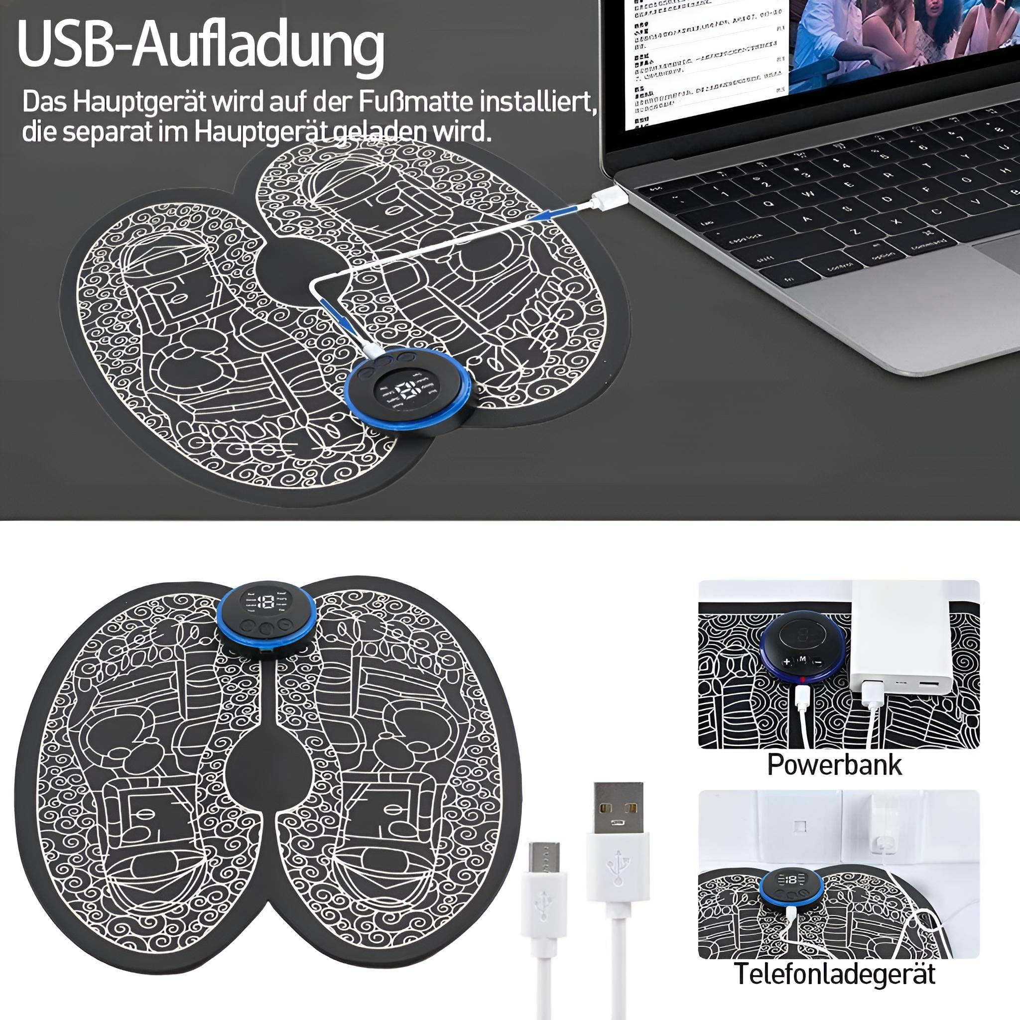 Fußmassagegerät mit Pads und Bedienfeld, über USB mit einem Laptop verbunden.