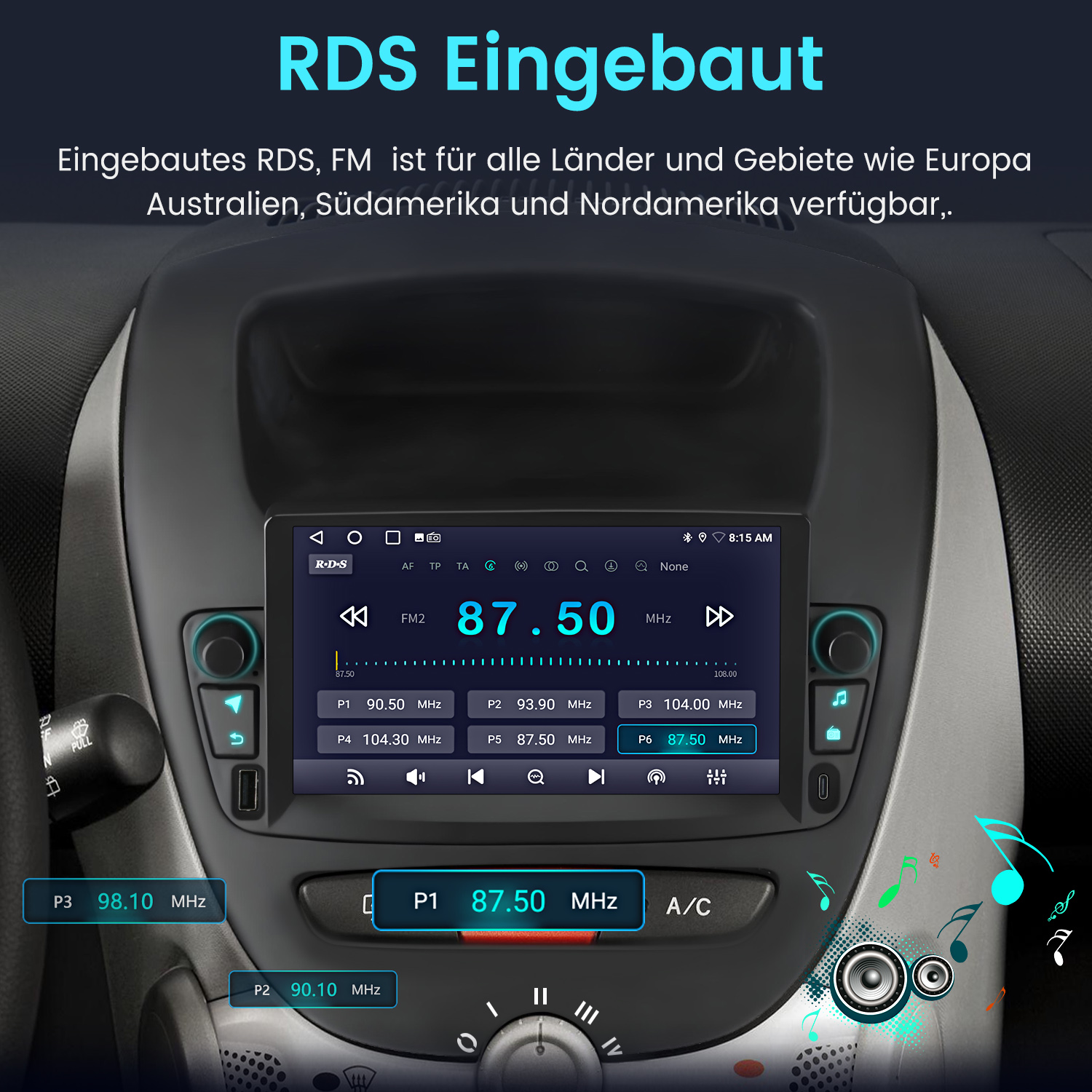 Autoradio-Bildschirm mit Radioinformationen und Knöpfen.