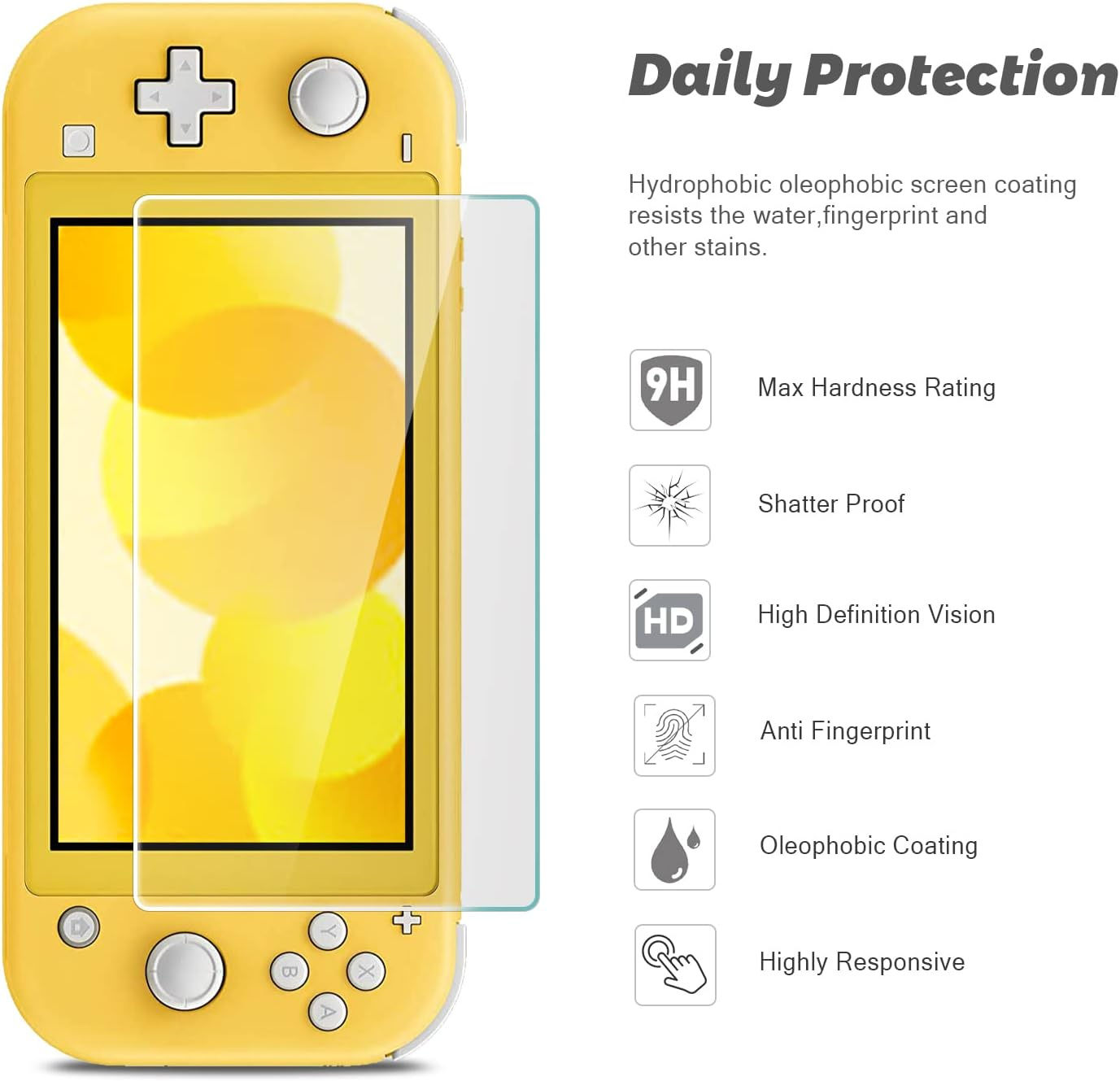 Gelbe Handheld-Spielkonsole mit Displayschutz. Symbole und Text, die ihre Funktionen beschreiben, werden angezeigt.