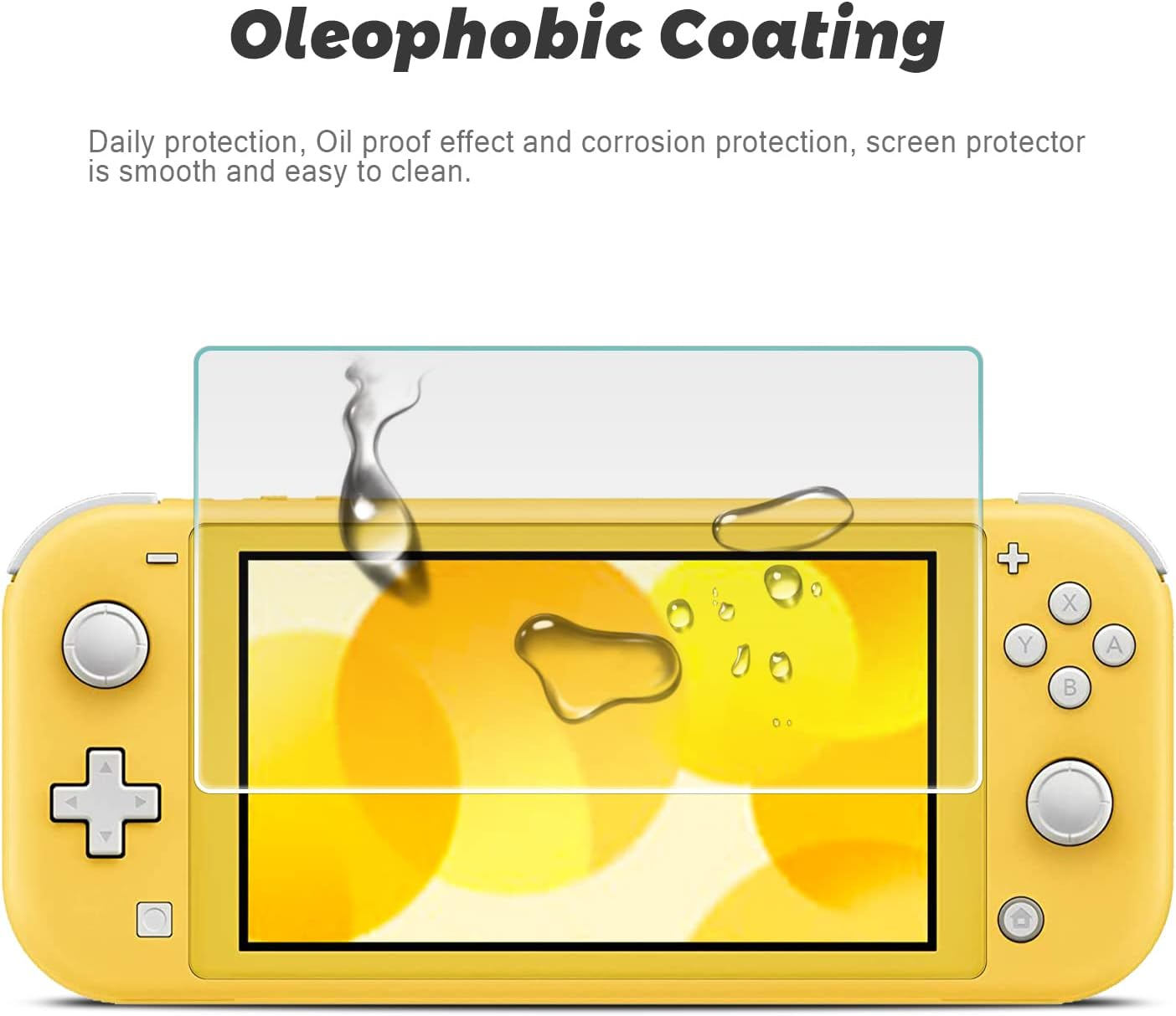 Ein gelbes Nintendo Switch Lite mit aufgebrachter Displayschutzfolie. Wassertropfen sind sichtbar.
