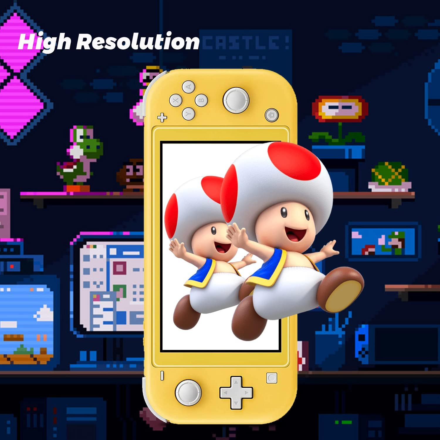 Gelbes Switch Lite mit Spielbildschirm, der zwei Toad-Charaktere beim Springen zeigt.