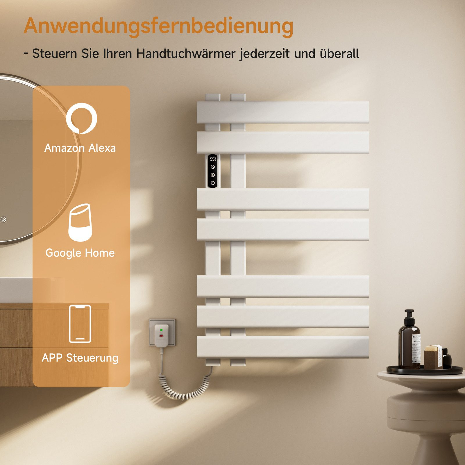 Weißer Handtuchwärmer mit Digitalanzeige. Das Bild zeigt Alexa, Google Home und App-Steuerungsoptionen.