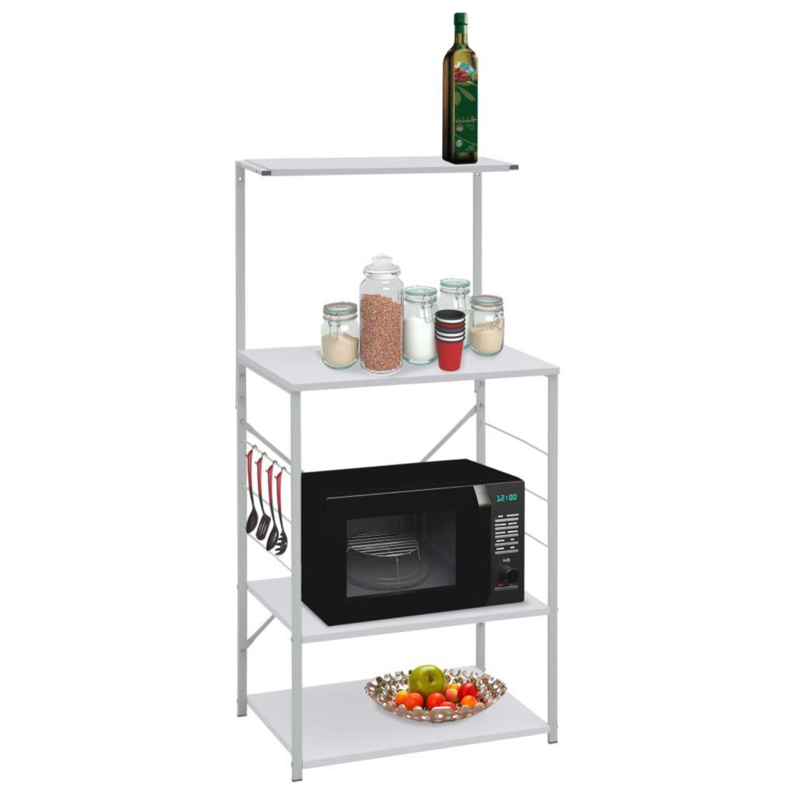 Küchenregal mit Mikrowelle, Gläsern und einer Flasche. Silberner Rahmen und weiße Regale. Obstschale unten.