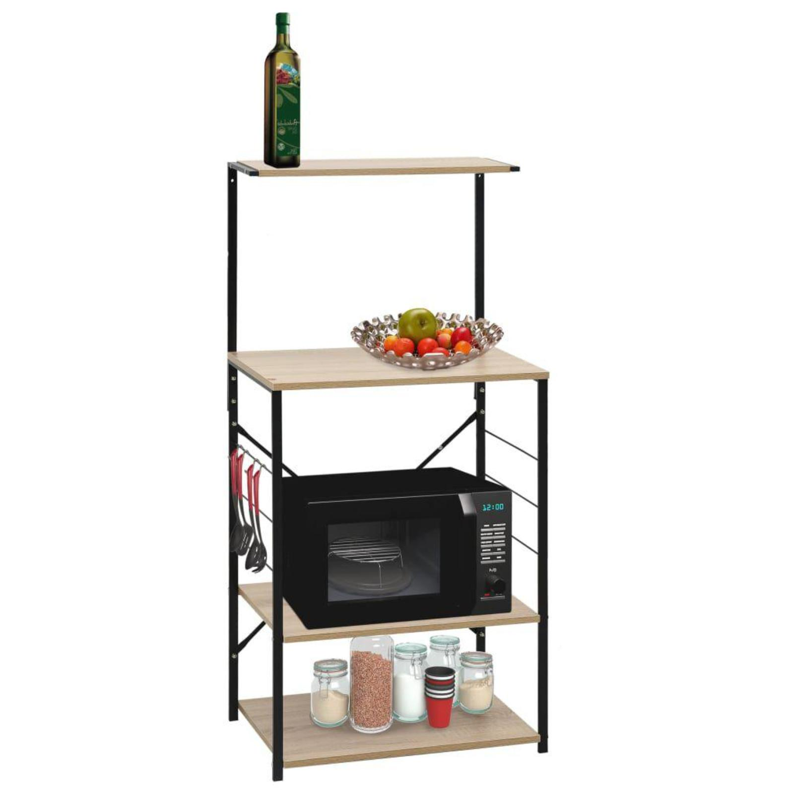 Küchenregal mit Mikrowelle, Gläsern und einer Flasche. Schwarzer Rahmen und Holzregale. Obstschale in der Mitte.