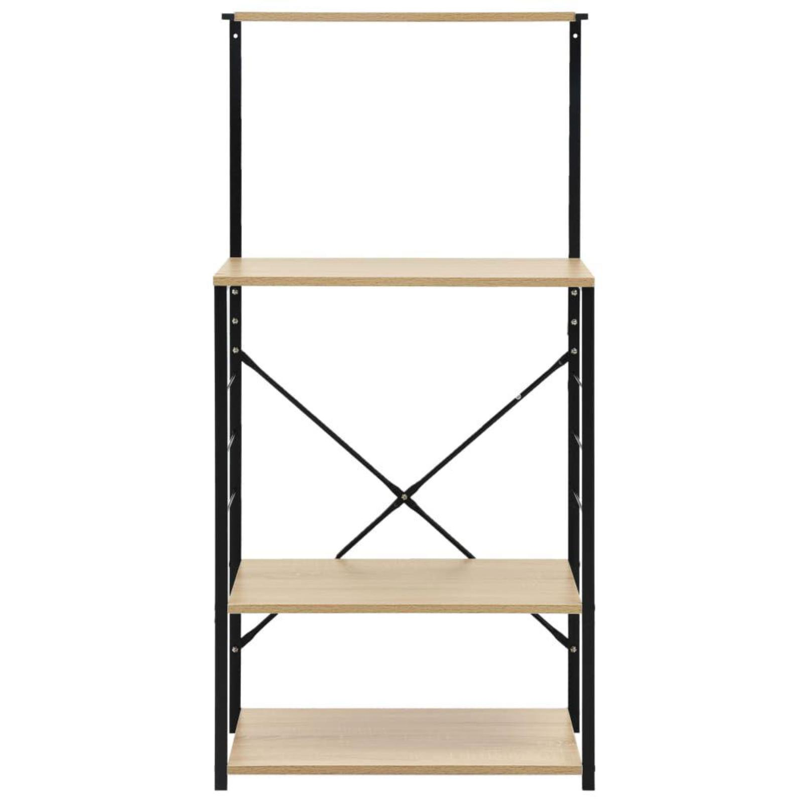 Ein Holzregal mit schwarzem Rahmen. Es hat 3 Regale und ein oberes Gestell.