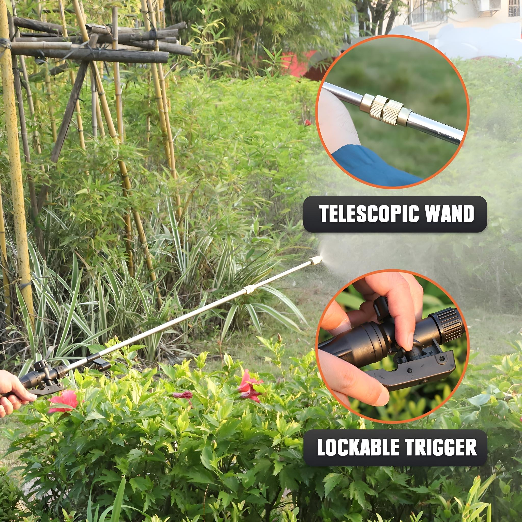 Eine Person besprüht einen Garten mit einem Teleskopstab. Nahaufnahmen zeigen die Merkmale des Stabs: einen Auslöser und eine Einstellung.
