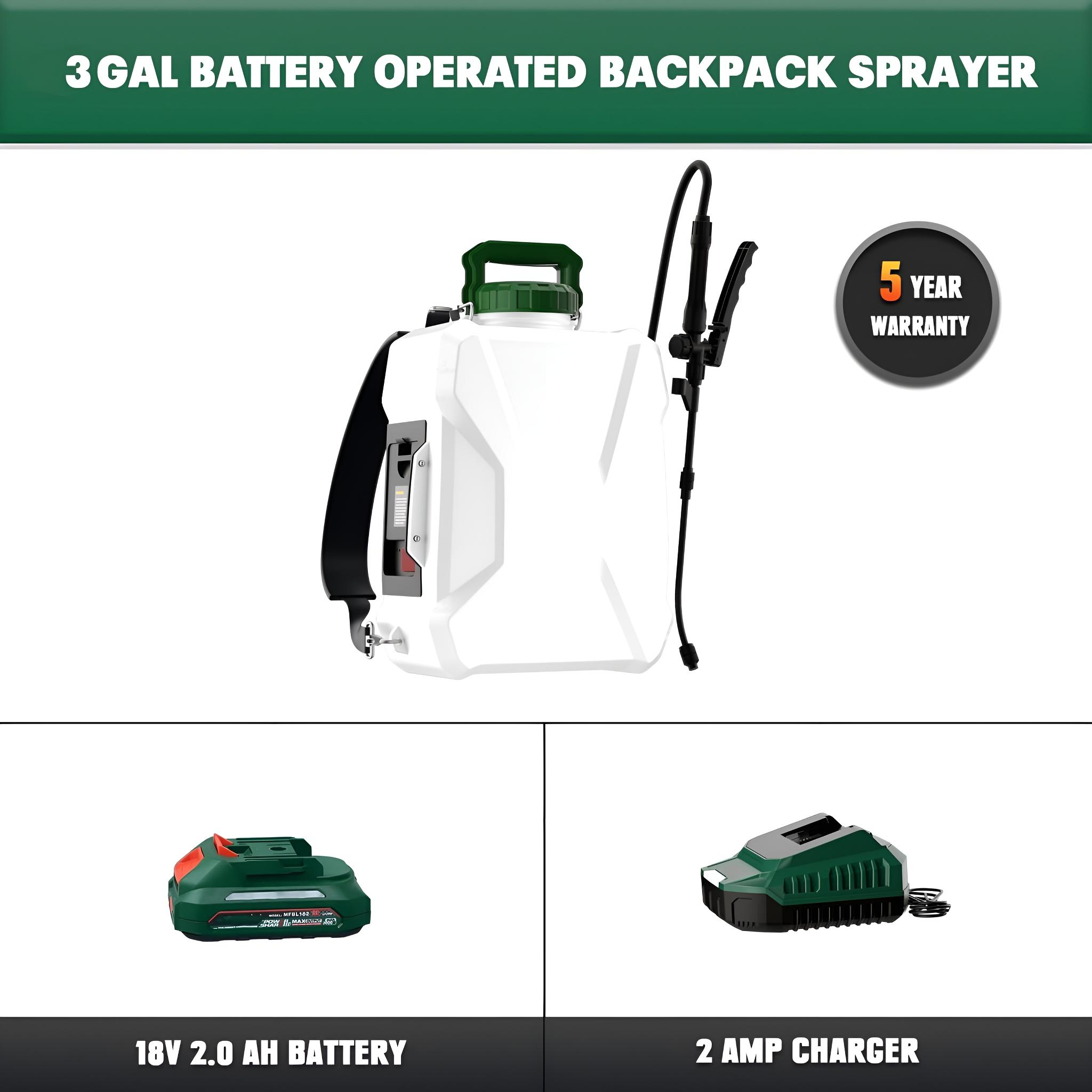 Ein weißes Rucksack-Sprühgerät mit Akku und Ladegerät. Text: 3 GAL BATTERIEBETRIEBENES RUCKSACK-SPRÜHGERÄT.